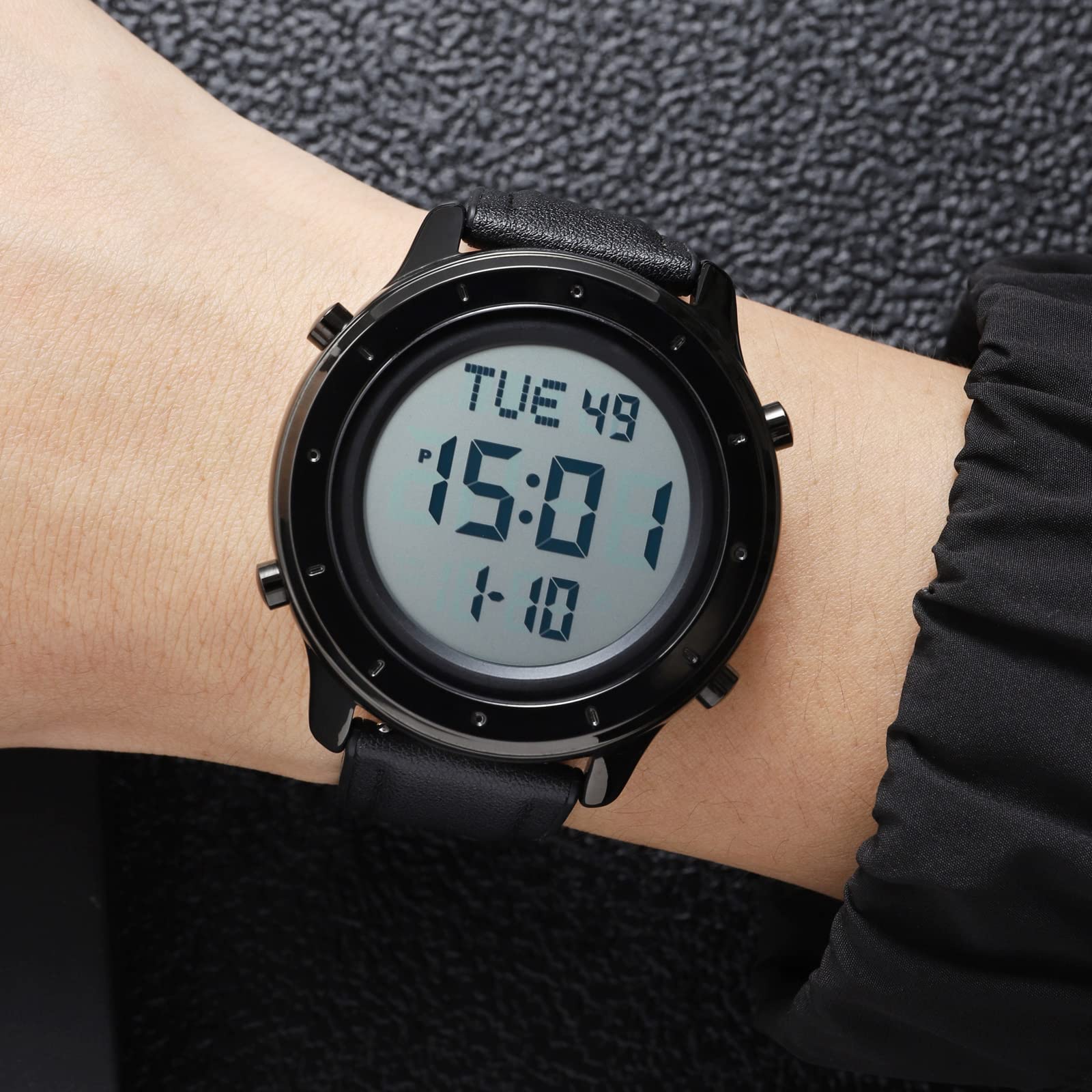 Reloj digital de cuero para hombre, pantalla grande simple, cuenta regresiva alarma, cronómetro, retroiluminación LED, relojes multifunción para negocios, Negro, Casual
