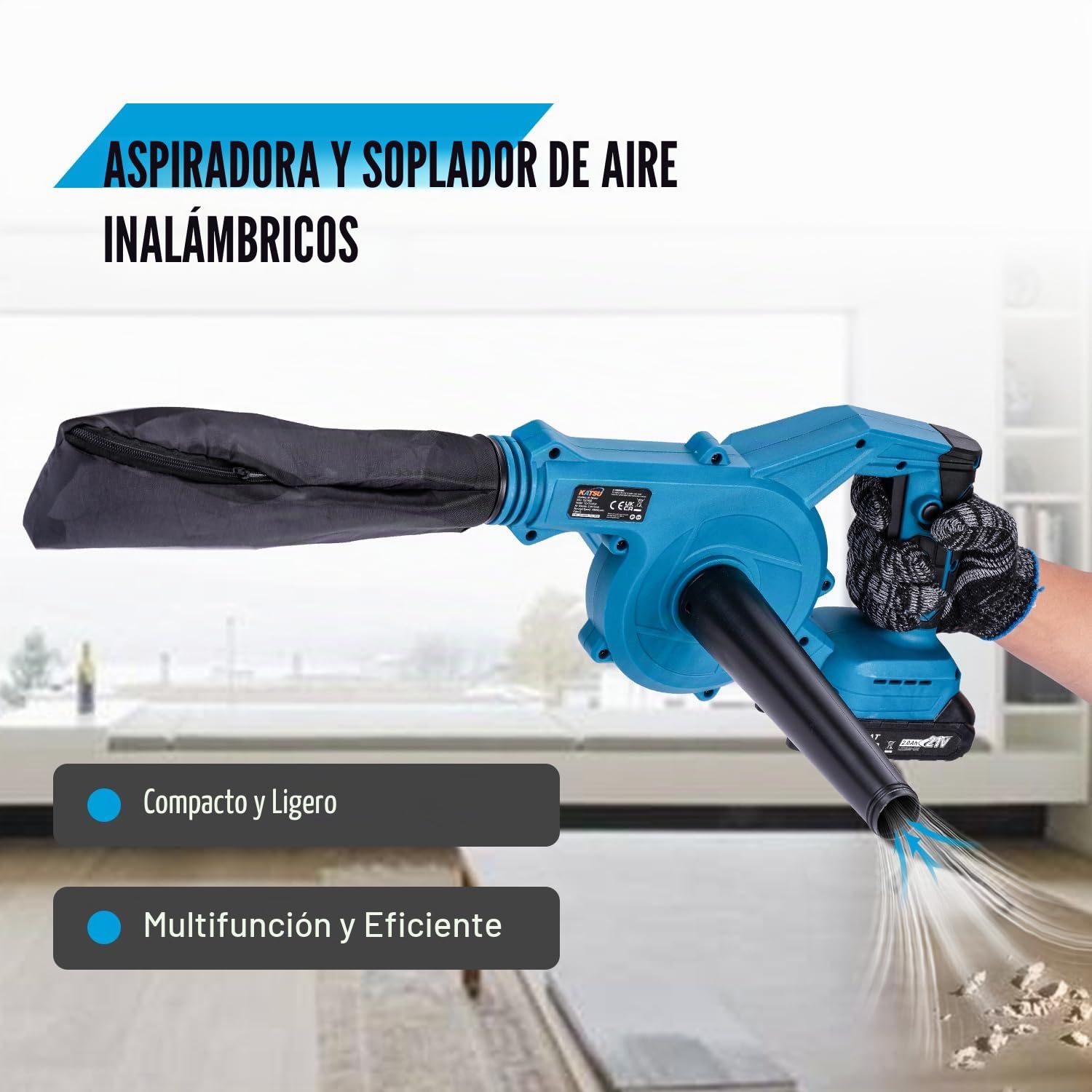 KATSU FIT-BAT 21V Soplador a Batería Brushless con 1.5Ah Batería y Cargador, Soplador de Hojas de Polvo de Aire Inalámbrico sin Escobillas para Jardín Hogar Cuidado Césped
