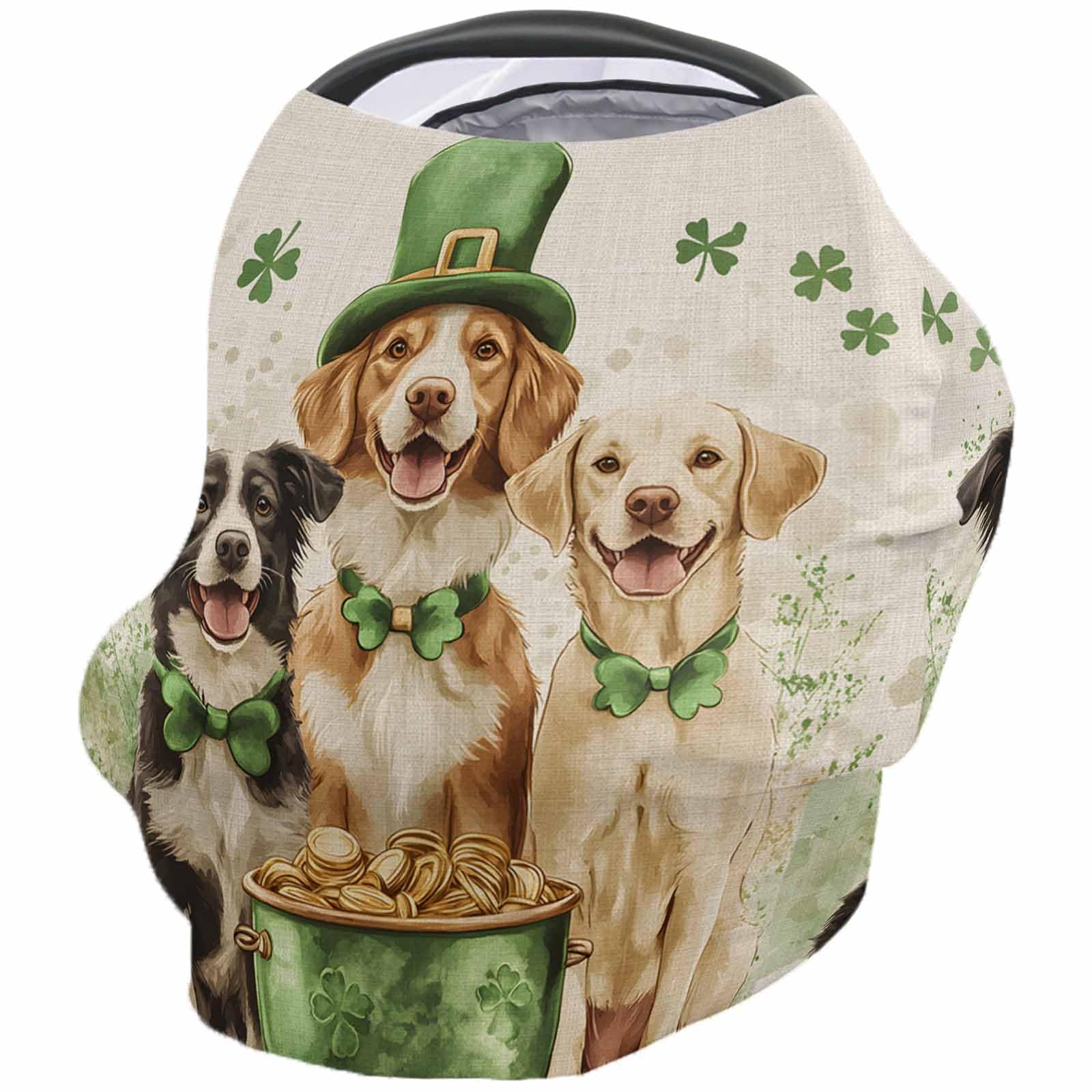 Nursing Cover for Breastfeeding Scarf, Retro St. Patrick's Day Gold Coin Green Top Hat Dogs Baby Car Covers Super Soft Multi Use for Canopy Shopping Cart Cover Blanket Stroller Cover