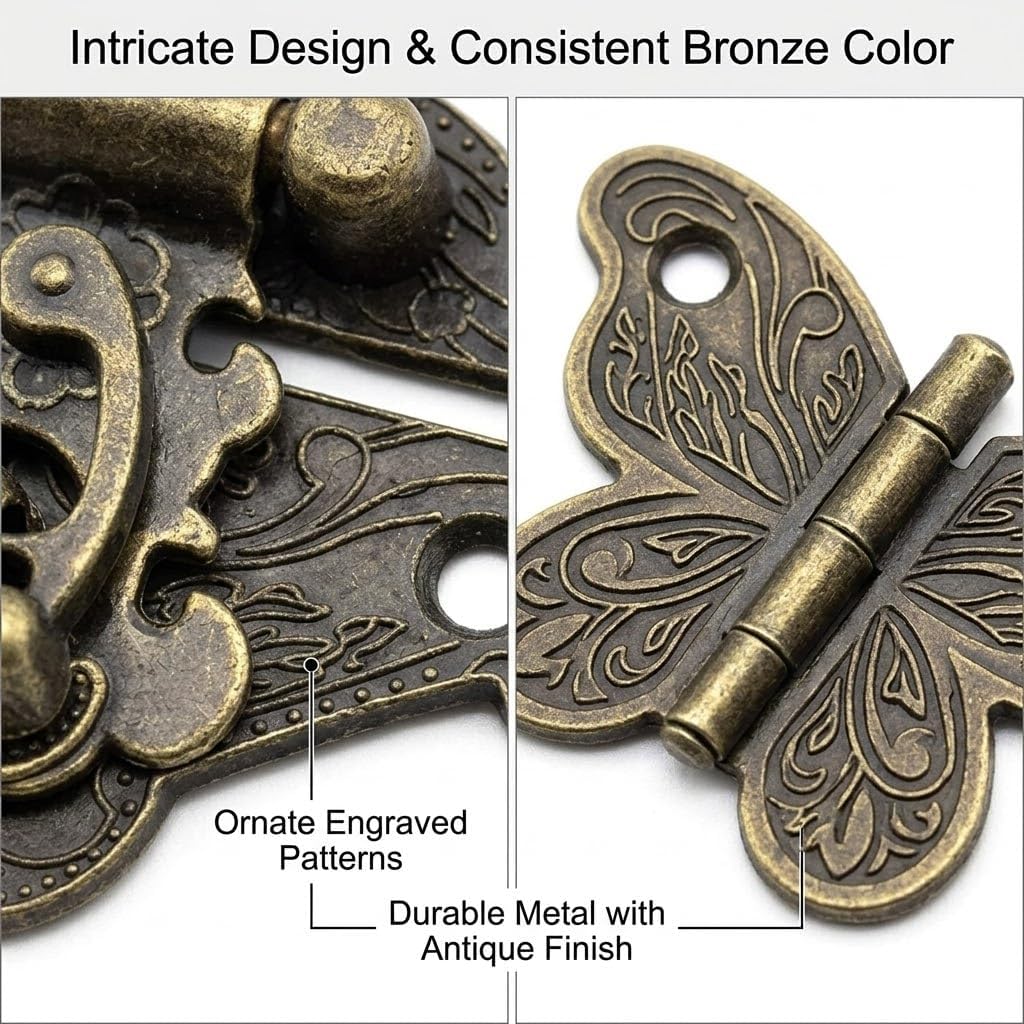 Antique Bronze Mini Box Hinges and Latch Set, Ornate Engraved Butterfly Hinges 1.2" x 1.08", Decorative Clasp 1.9" x 1.5", with Screws