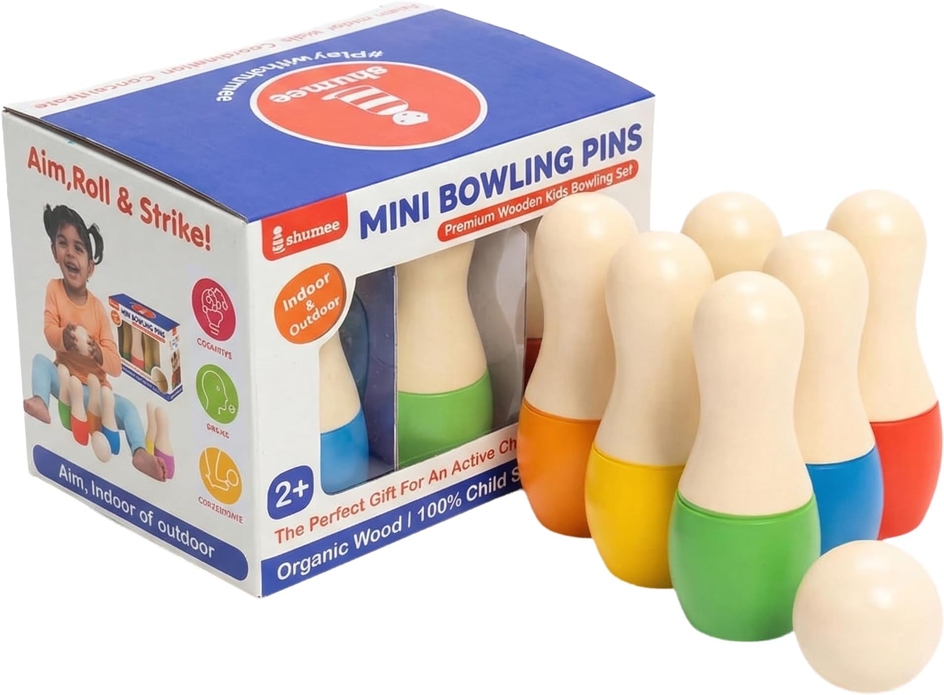 Shumee Mini Wooden Bowling Set for Kids (2+ Years) | 6 Pins & 1 Ball | Multicolor Wooden Indoor & Outdoor Game | Child Safe & NonโToxic Colors | Motor Skills Development Toy | Birthday Gift for Kids