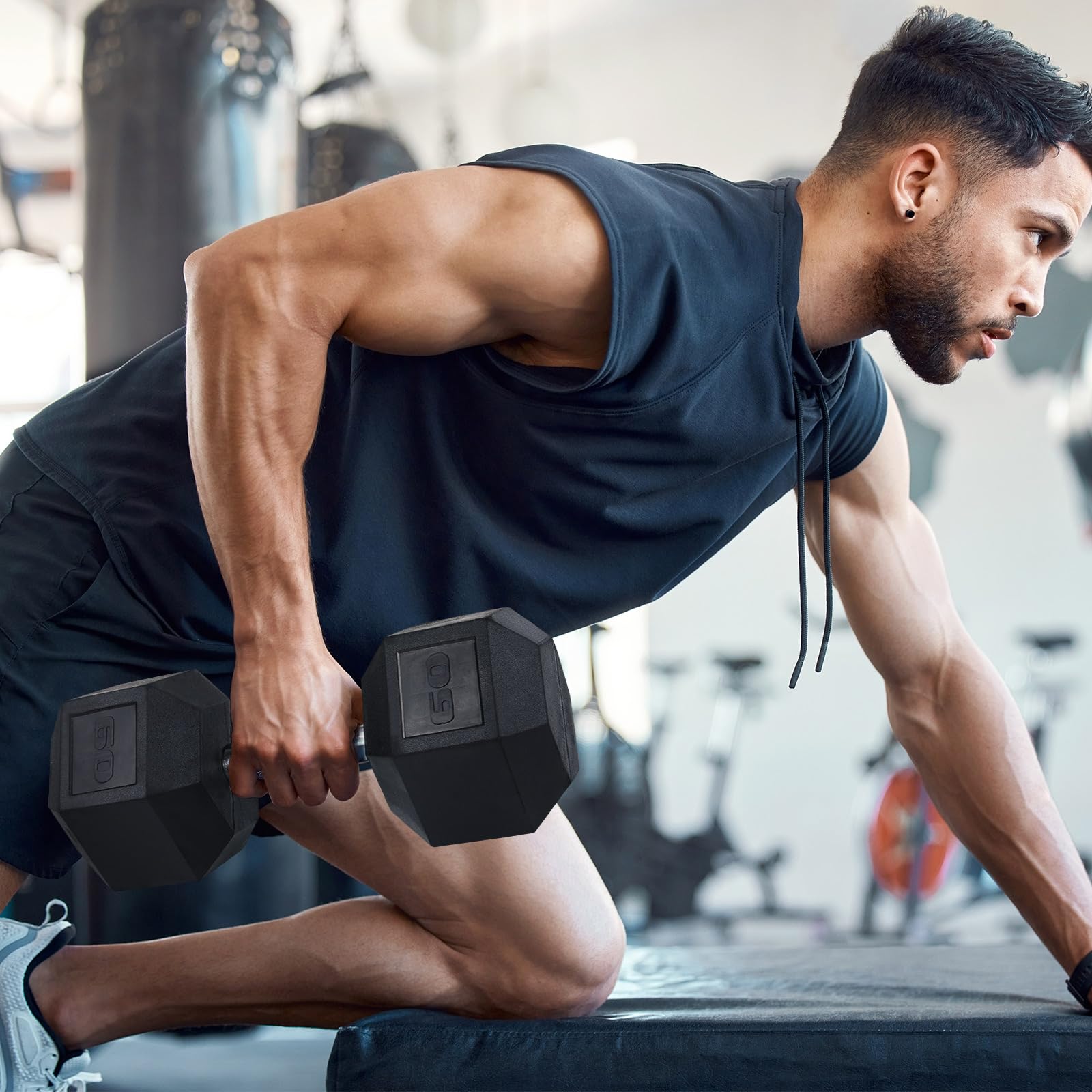 LIFERUN Rubber Grip Dumbbells Rubber Coated Cast Iron, with Anti-Slip Hex Black Dumbbell, Free Weights Dumbbell Set, 75lb dumbbell Single