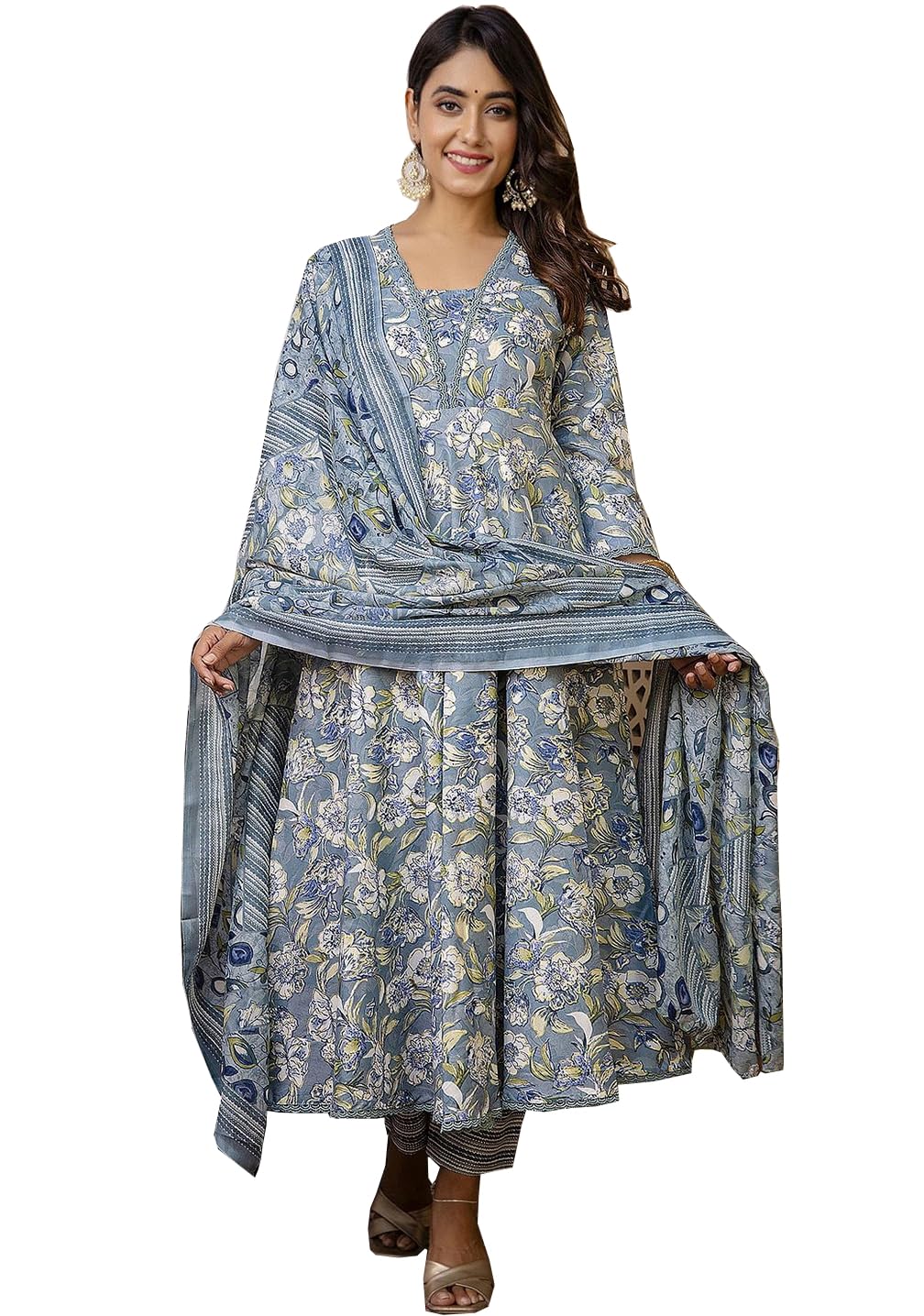 parthvi Women's Printed Cotton Anarkali Kurta & Pant With Dupatta Set-picture-24
