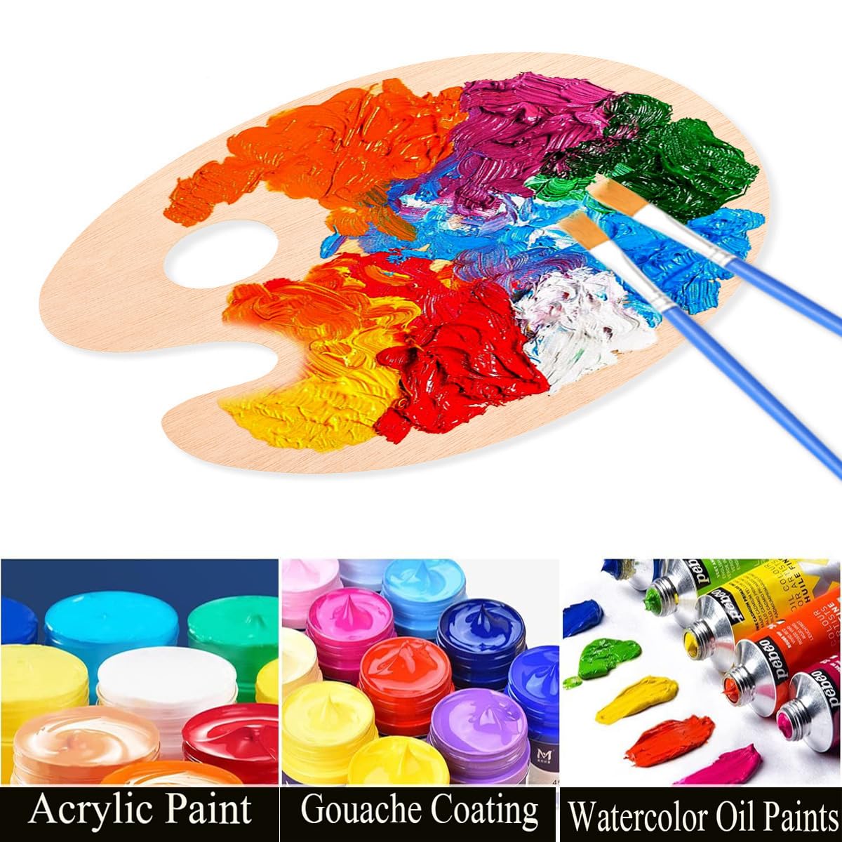 Lot de 12 palettes de peinture acrylique ovales en bois de 30 x 20 cm avec trou pour le pouce - Palette de peinture transparente - Facile à nettoyer - Anti-adhésive - Pour peinture à l'huile,