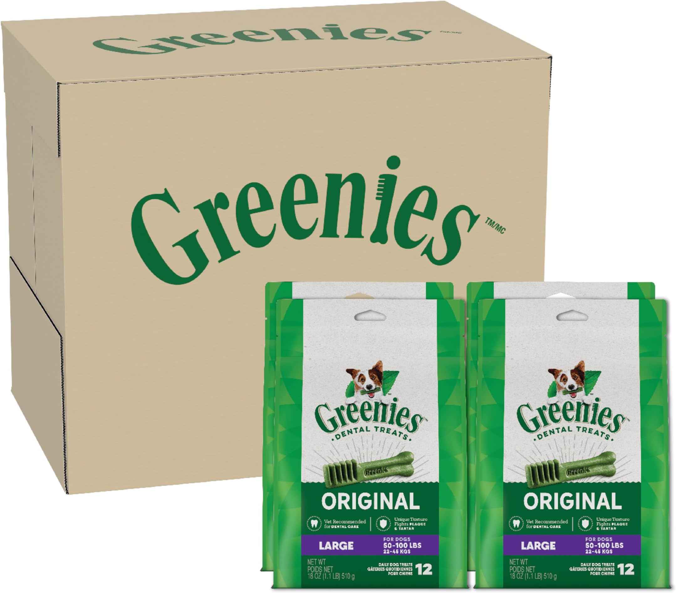 Greenies Large Natural Dental Dog Treats, Original Flavor, 48 count | Veterinarian-recommended, 47% less tartar & 40% less plaque in 28 days, cleans to gumline, for dogs 50-100 lbs
