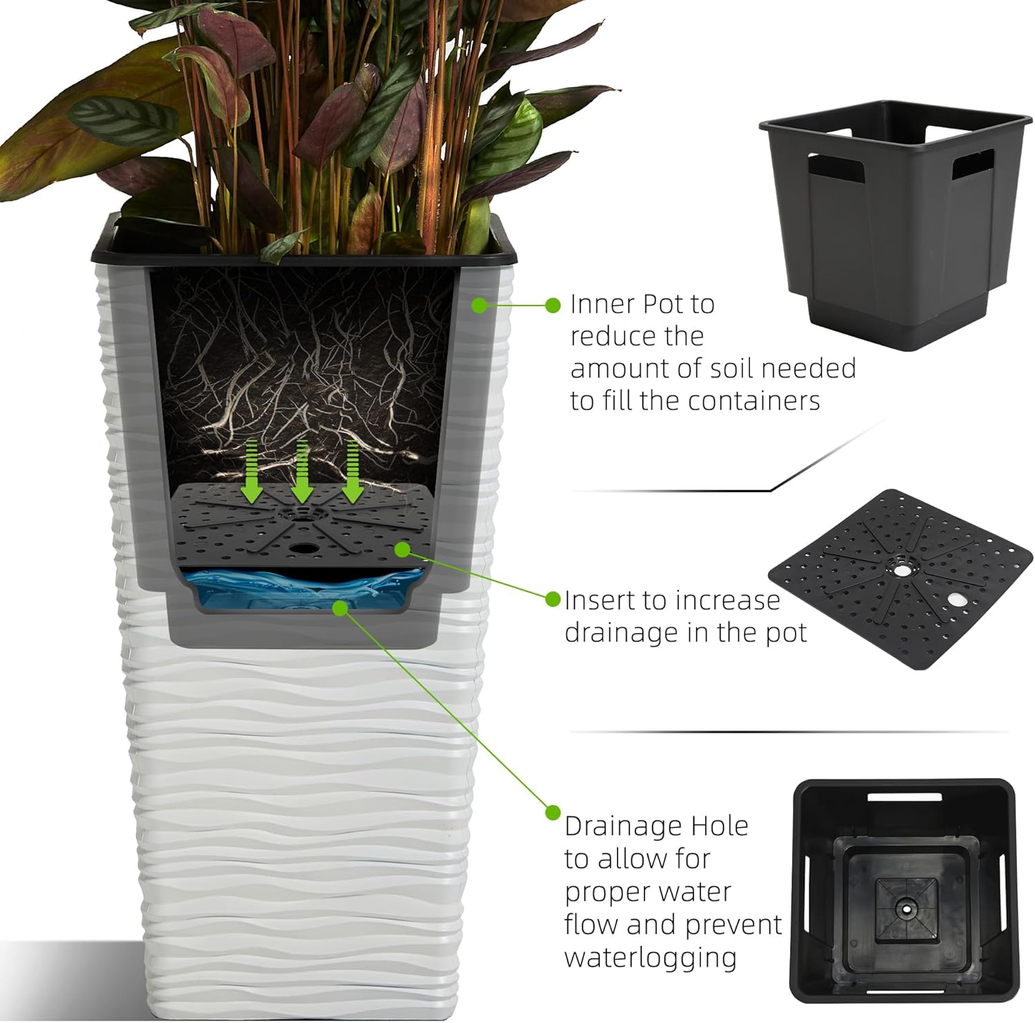 Worth 2 Pack 22" Tall Plastic Square Tapered Planter with Inside Pots for Indoor or Outdoor Use, Modern Wavy Finish for Front Porch or Deck, White