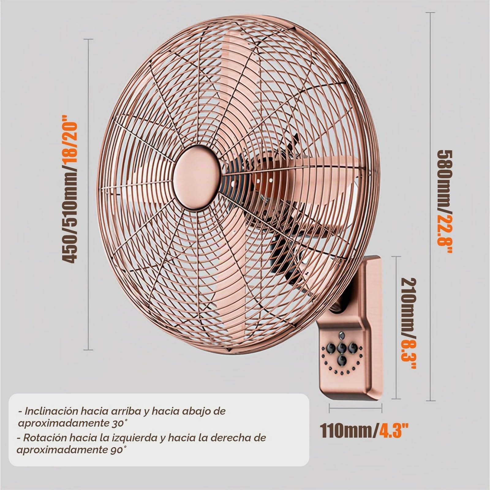 Ventilador de Pared Retro con Mando, Motor DC 60W Ultra, Silencioso, 3 Velocidades, Cabezal Ajustable e Inclinable, para Salón/Cafetería(450mm)