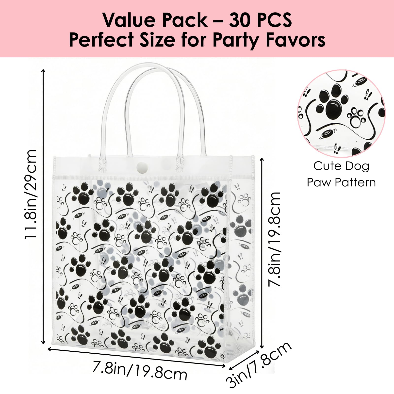 Youeon 30 Pcs Dog Paw Clear Gift Bags with Handles, 8x8x3 Inch Reusable PVC Treat Bags, Transparent Plastic Tote Bags for Pet Party, Birthday, Baby Shower, Candy, Cookie, Easter Favor Gifts