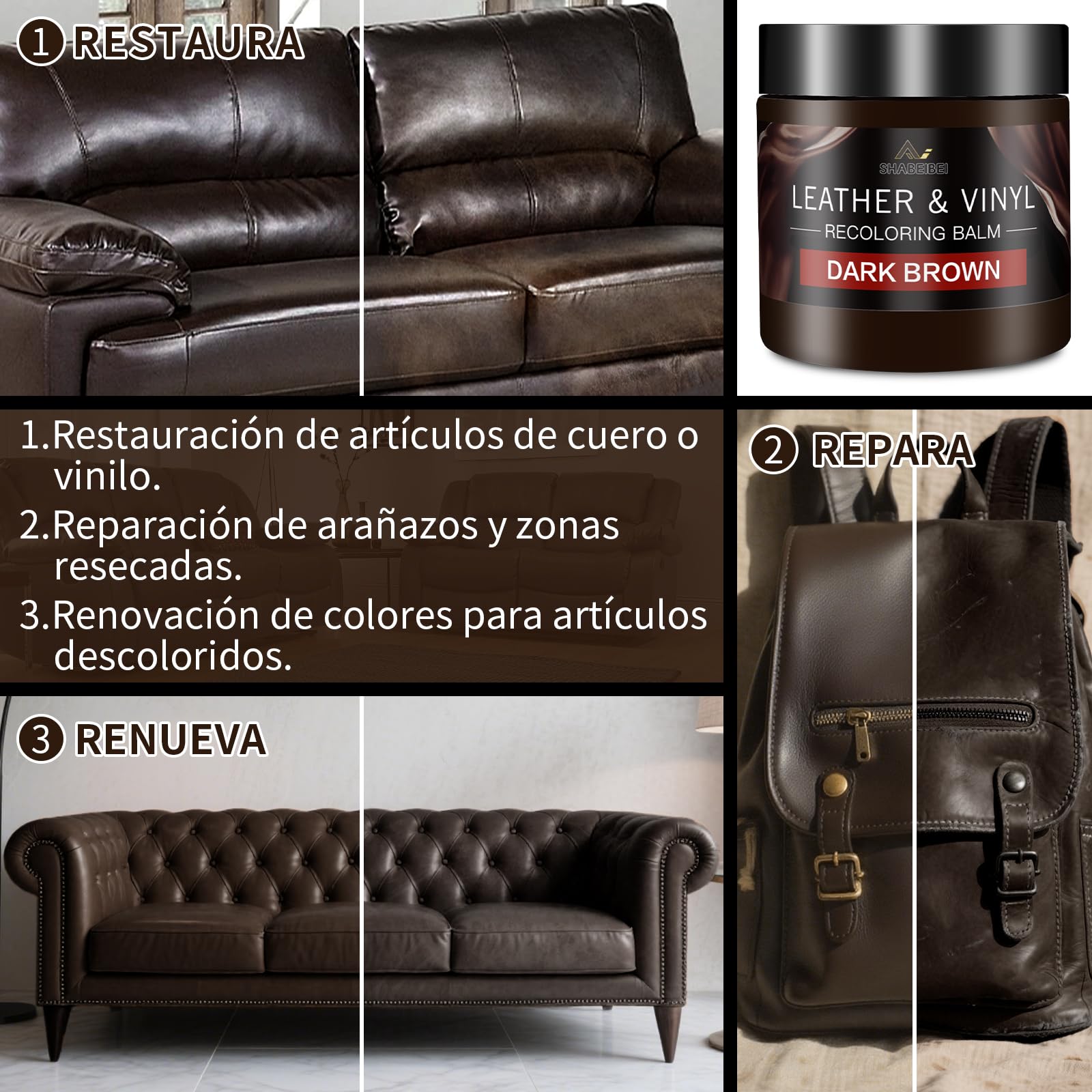Kit Reparación Cuero Marrón Oscuro, 200ml – Cuidado para Sofás, Asientos de Coche y Bolsos – Reparación de Arañazos y Tinte para Cuero Sintético y Natural