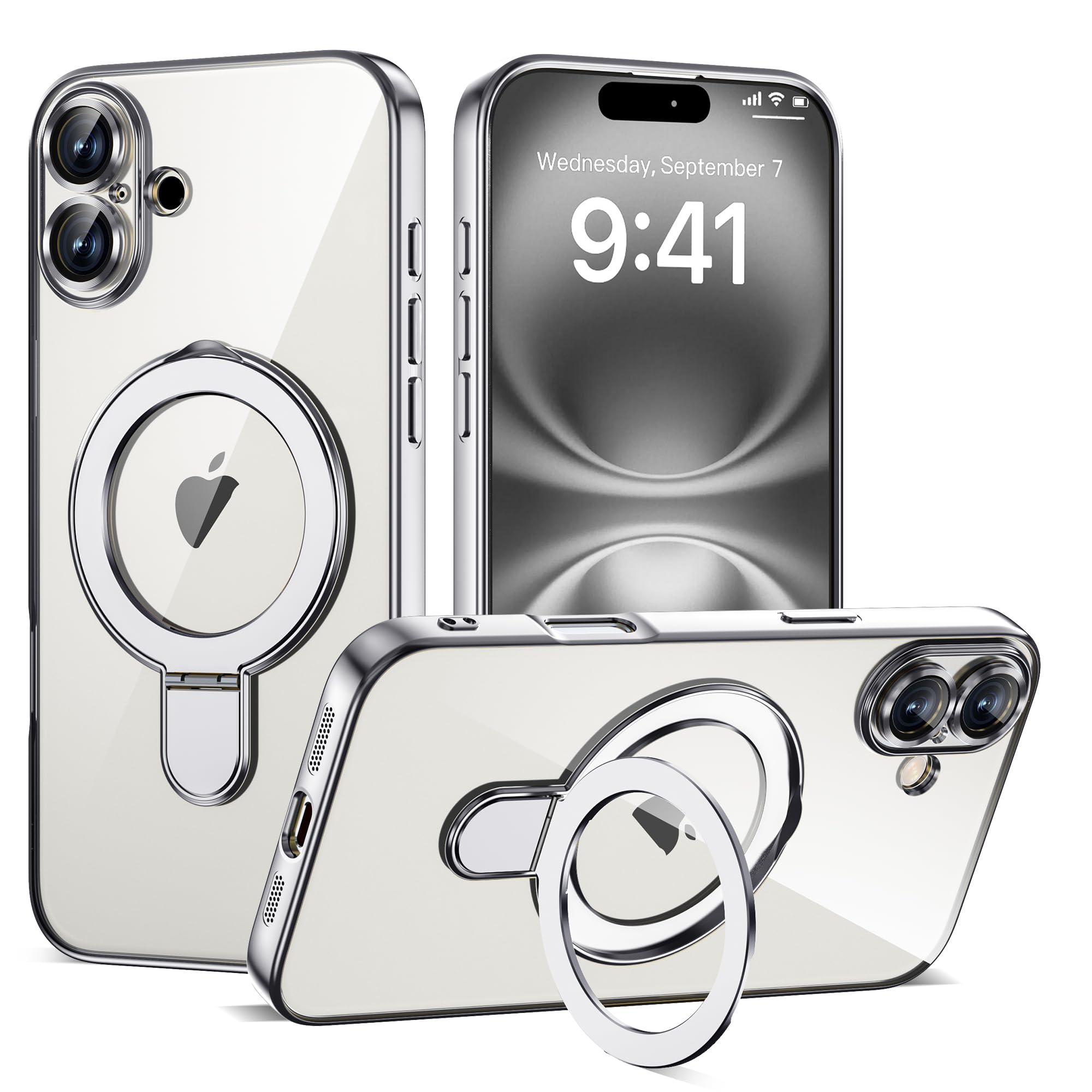 ETPESOK Compatible with iPhone 16 Plus Case with Invisible Magnetic Ring Stand [Compatible with Mag-Safe] [Full Camera Lens Protector] Plating Clear