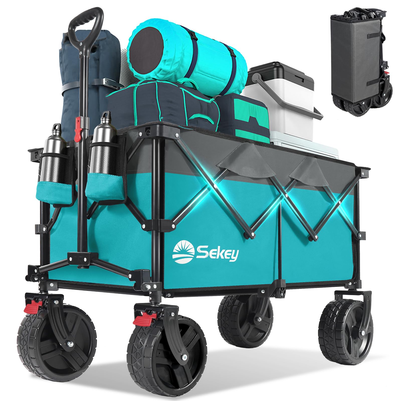 Sekey 220L Collapsible Foldable Wagon with 330lbs Weight Capacity, Heavy Duty Folding Utility Garden Cart with Big All-Terrain Beach Wheels & Drink Holders.Turquoise