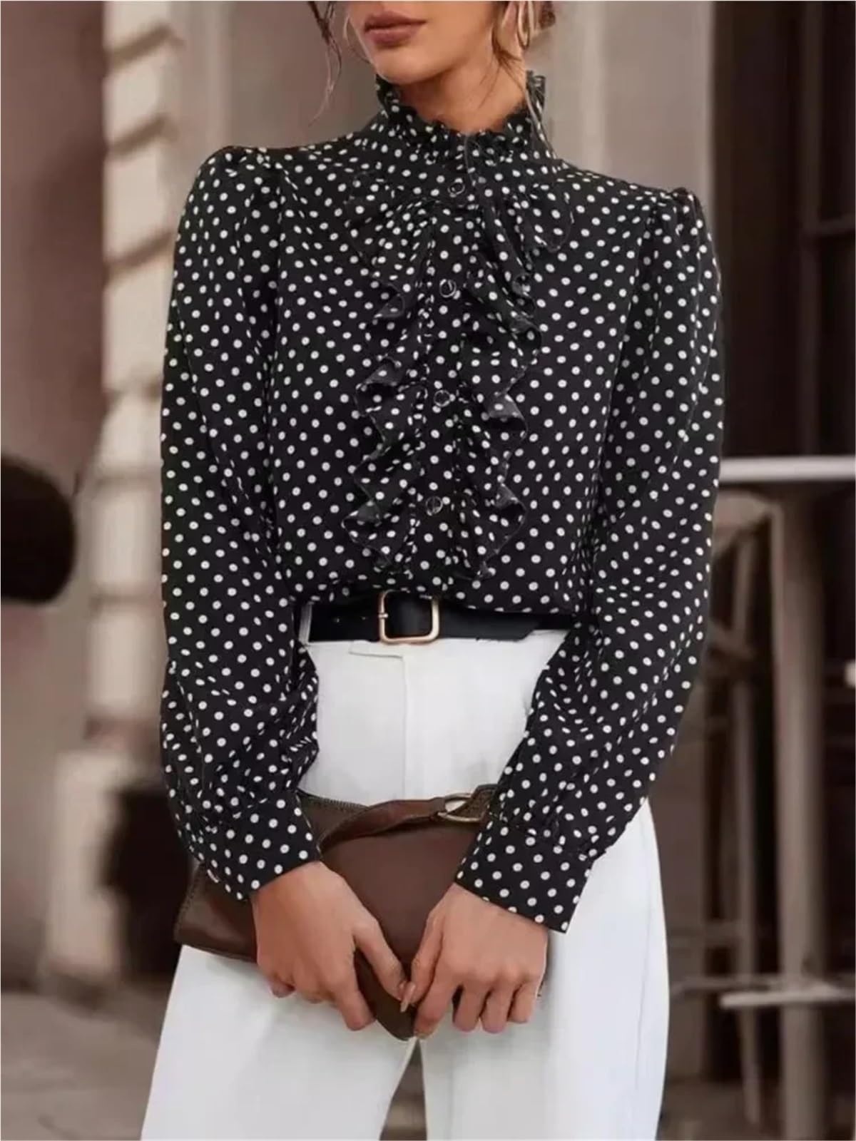Damen T Shirt Mit Punkten Frühling Vintage Polka Dot Print Elegantes Hemd Damen Tops Stehkragen Langarm Rüschen Patchwork Hemd