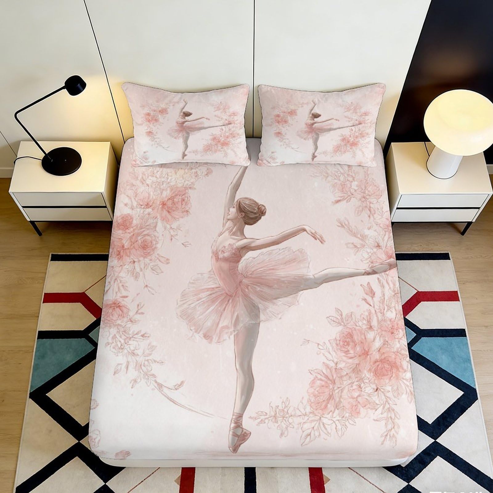 3D Printed Ballet Dancer Fitted Sheet Microfiber Pink Artistic Blossom Mattress Cover Anti-Slip Easy Care for Bedroom Guest Room 90x200x25cm