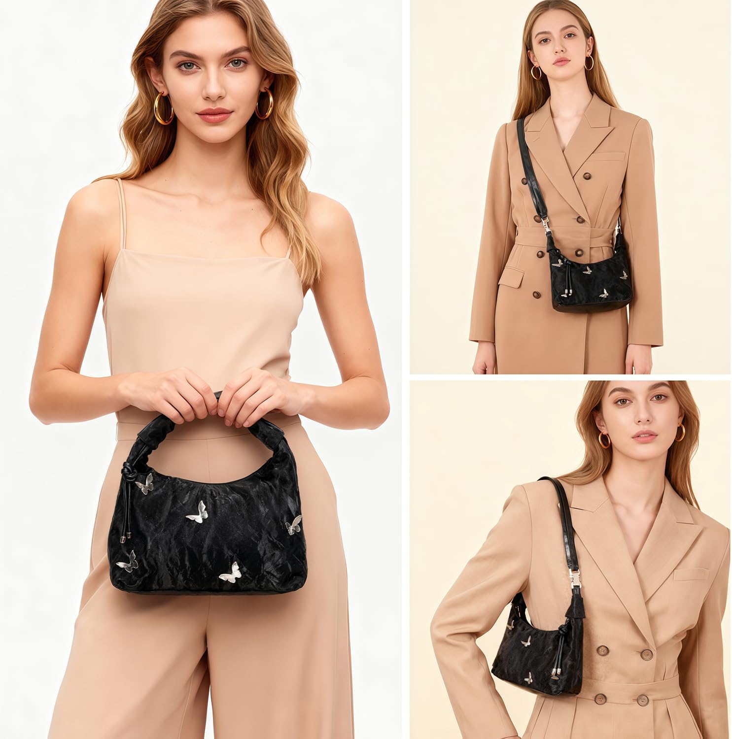 Elegant Butterfly Hobo Handbag, Black Textured with Silver Butterfly Accents, Casual Crossbody Purse for Women, Large Capacity - Image 7