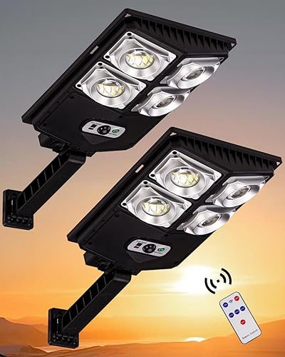 200W 2 paquetes de luz solar de calle para exteriores 10000LM luz solar al aire libre sensor de movimiento, luces de inundación solares LED con