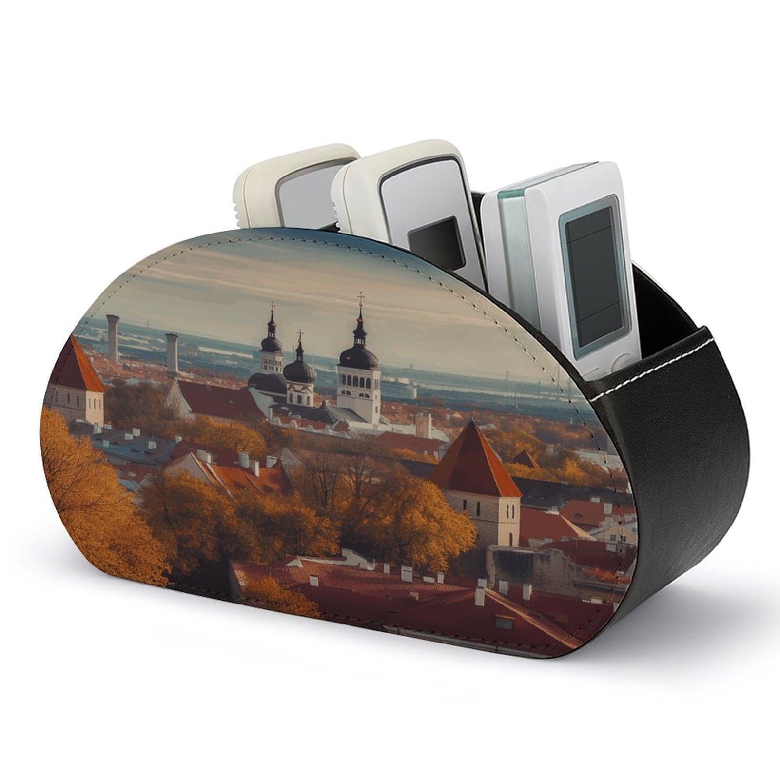 VstaDank Tallinn Estonia Cityscape Remote Control Holder Farmhouse TV Media Remote Storage Box with 5 Compartments PU Leather Remote Caddy Desktop Organizer for Home Bedside Table Organizer