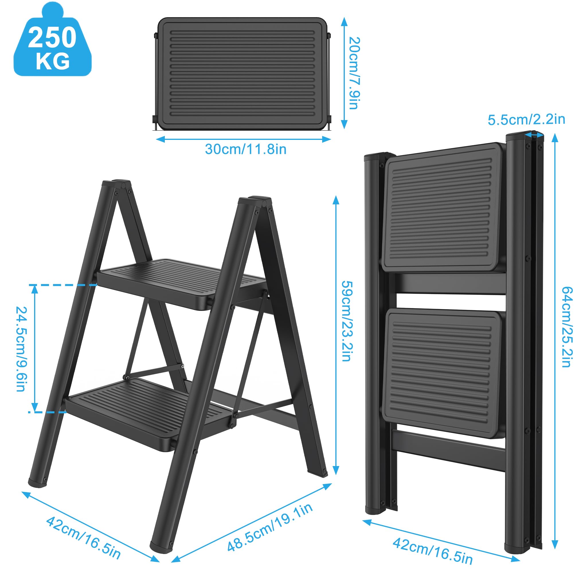 Froadp Escalera plegable de 2 peldaños, antideslizante, de hierro, multifuncional, para casa, cocina y exterior, soporta hasta 250 kg
