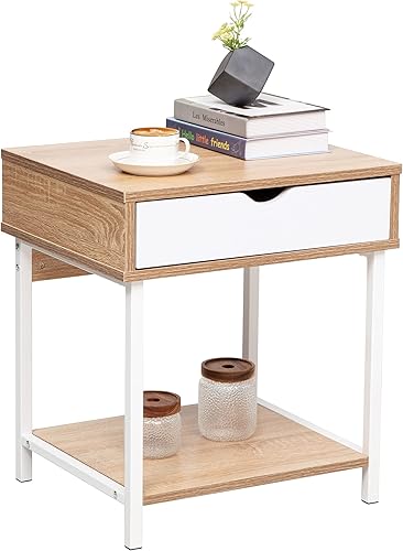 JJS Mesa auxiliar auxiliar, mesita de noche, mesita de noche con cajón y estantes de almacenamiento, mesa de sofá para sala de estar, dormitorio,