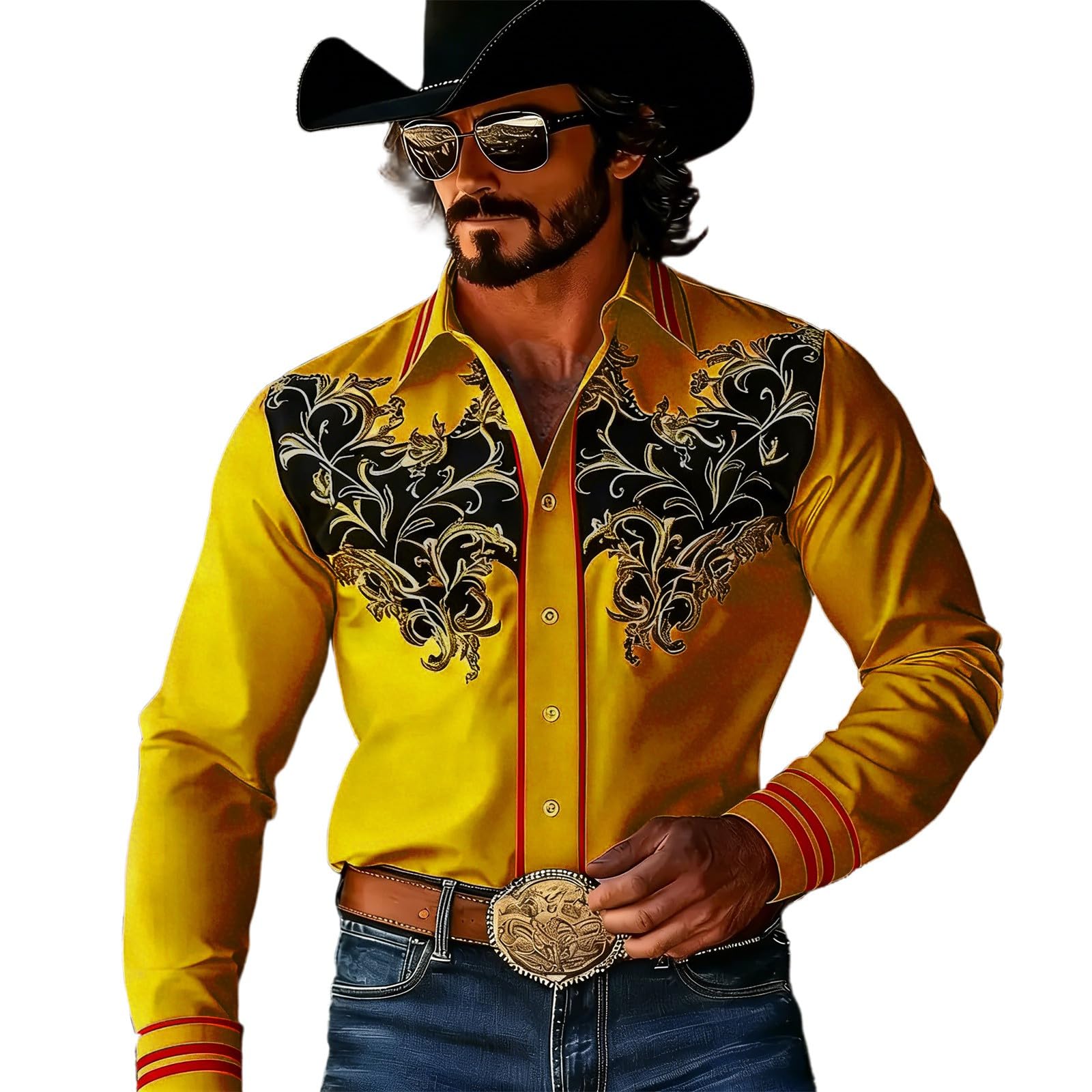 Fancy Dress Shirts Men's Cowboy Costume Long Sleeve Retro Western Shirt Western Lapel Shirt Vintage Style Long Sleeve Shirt with Ornament Pattern Festive Party Shirt for Theme Party Country Festival