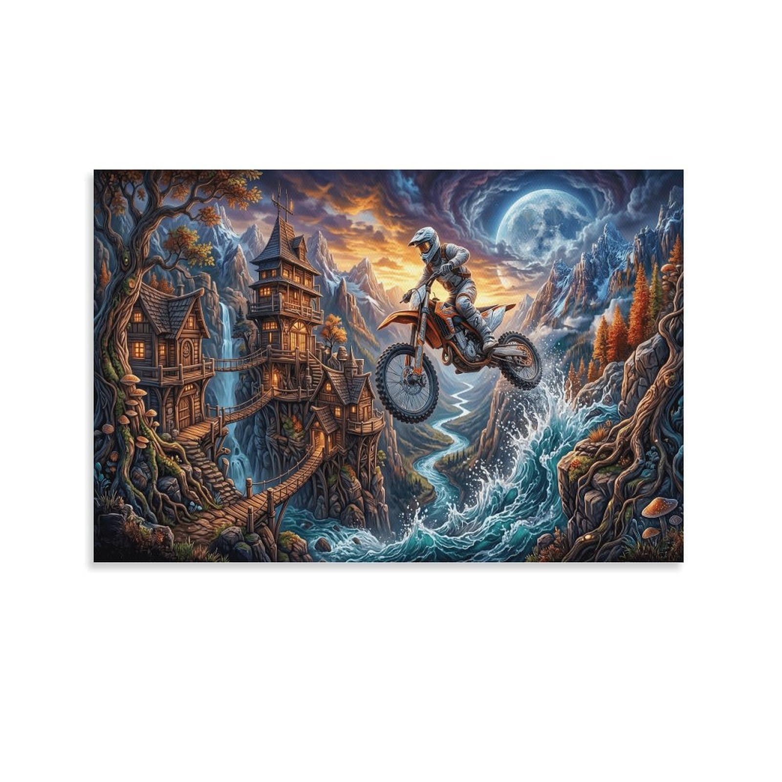 XPASHIQWC Motocross Rider Poster Artwork Moonlit Canyon Canvas Prints Picture Modern Canvas Wall Art Picture Wall Hanging for Office Gym Living Room Decor 20x30inch(50x75cm)