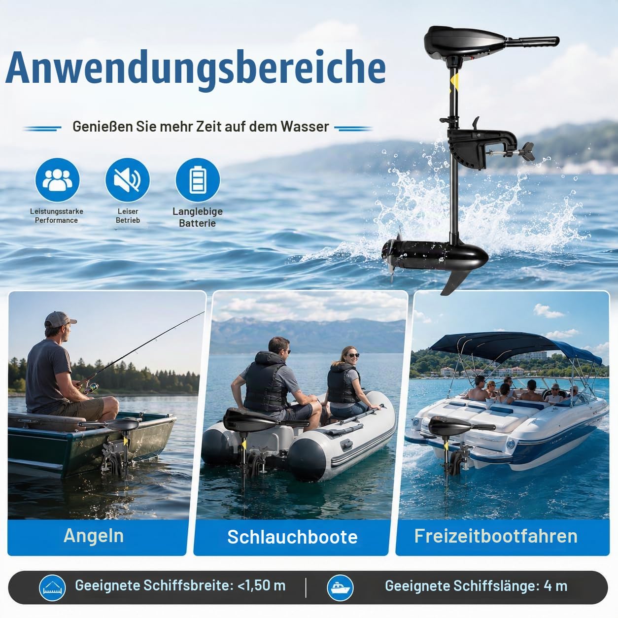 Elektro Außenborder 55 lbs, 12V, 5 Vorwärts-/3 Rückwärtsgänge | 626 W Kupfermotor | 5/3 Gänge | Batterieanzeige | Teleskopgriff 45-56 cm | Klemmhalterung | Schutzring-Propeller