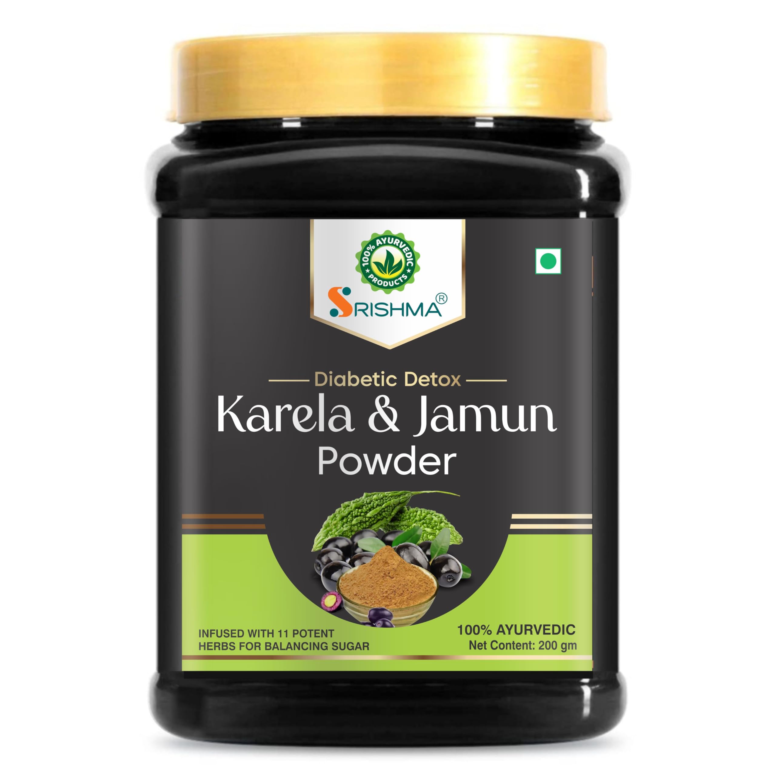 Srishma Karela, Jamun Diabetic Detox Powder | Infused with 11 Potent Herbs for Balancing Sugar | 100% Ayurvedic (200g)