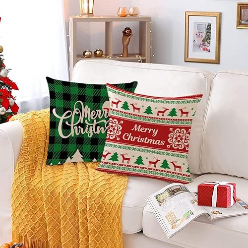 Miniatura 5 de Juego de 4 fundas de almohada de Navidad de 18 x 18 pulgadas, color rojo y verde, fundas decorativas de Navidad, árbol de Navidad, ciervos, Papá