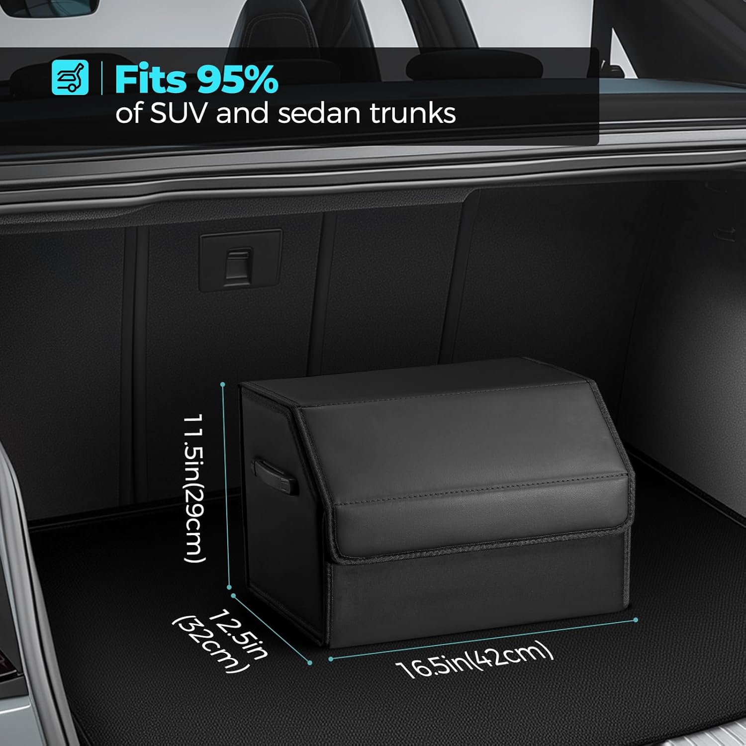 Car Organizers for Trunk for Suv Sedan, Leather Storage Box,Magnetic Lid,Collapsible and Adjustable,16.5 inches