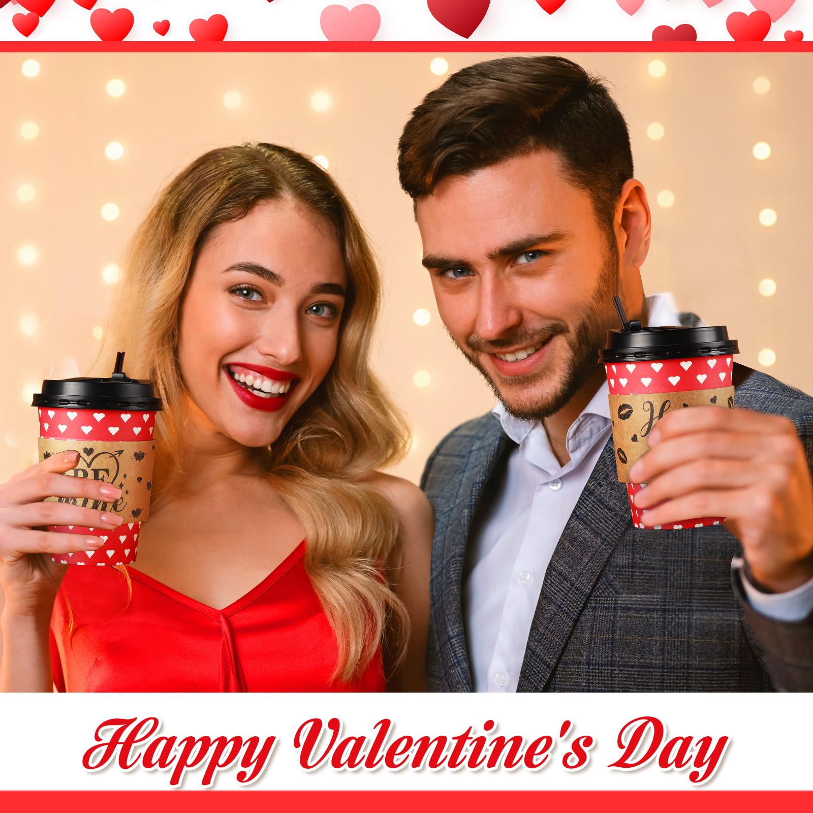 Layhit 100 tazze da caffè per San Valentino, bicchieri di carta usa e getta, con coperchio, maniche e cannucce per mescolare, per inverno, San Valentino, cioccolata calda, forniture per feste