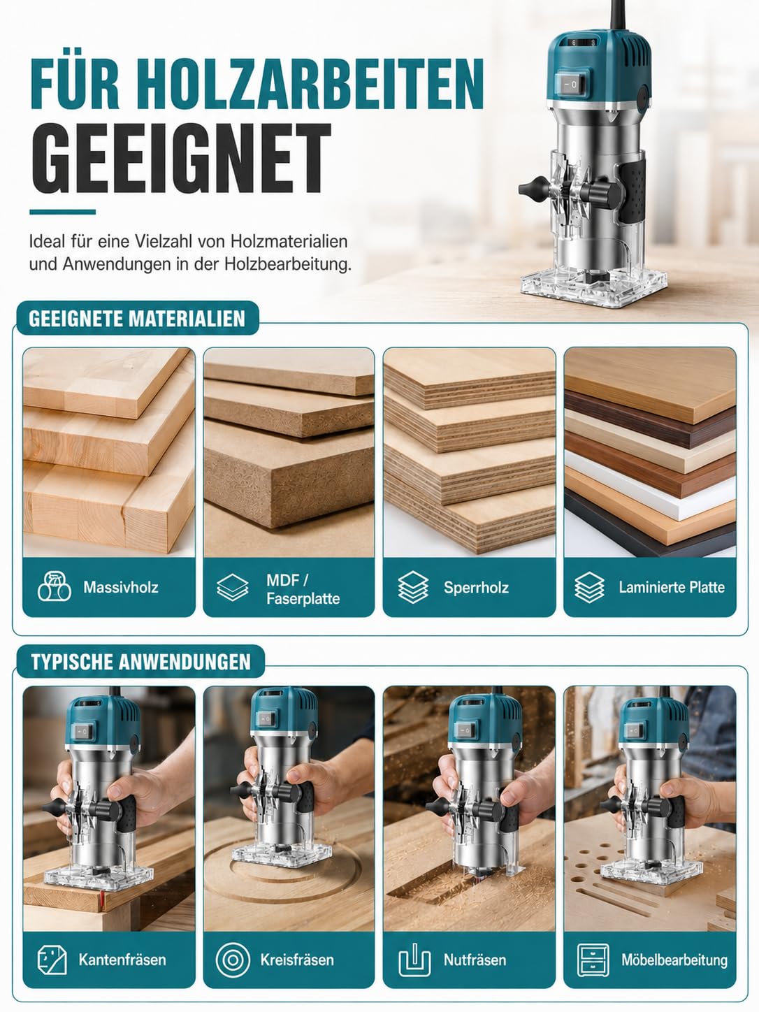 VOBOR Holzfräse Oberfräse, 800W 30000 U/min Elektrik Kantenfräse mit 15 Pcs 1/4" Fräsen Cuter, 6 Variable Geschwindigkeiten 6mm, 6.35mm Spannzange für die Holzbearbeitung
