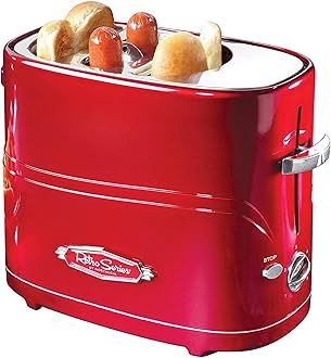 Nostalgia Adjustable 5 Setting Retro Pop Up Hot Dog Toaster, Fits 2 Regular or Extra Plump Hot Dogs and 2 Buns with Removable Cage and Mini Tongs, Red