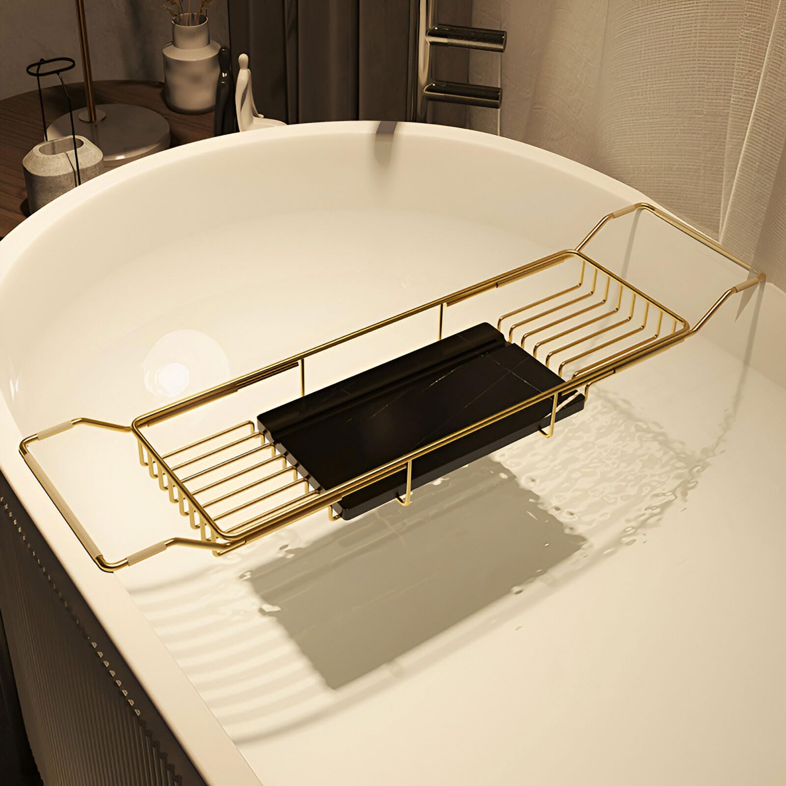Bandeja de acero inoxidable para bañera, organizador de estante de baño expandible con estante para tablet para el hogar, perfecto para remojos relajantes y lectura manos libres