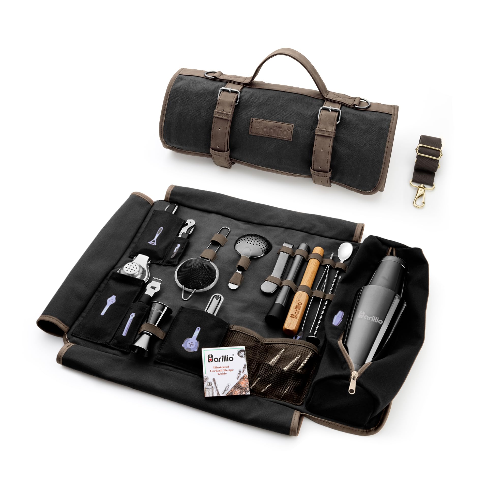 Barillio Bartender Kit Bag with Black Cocktail Shaker Set - Waxed Canvas Traveling Bar Tools Bag with 17-Pc