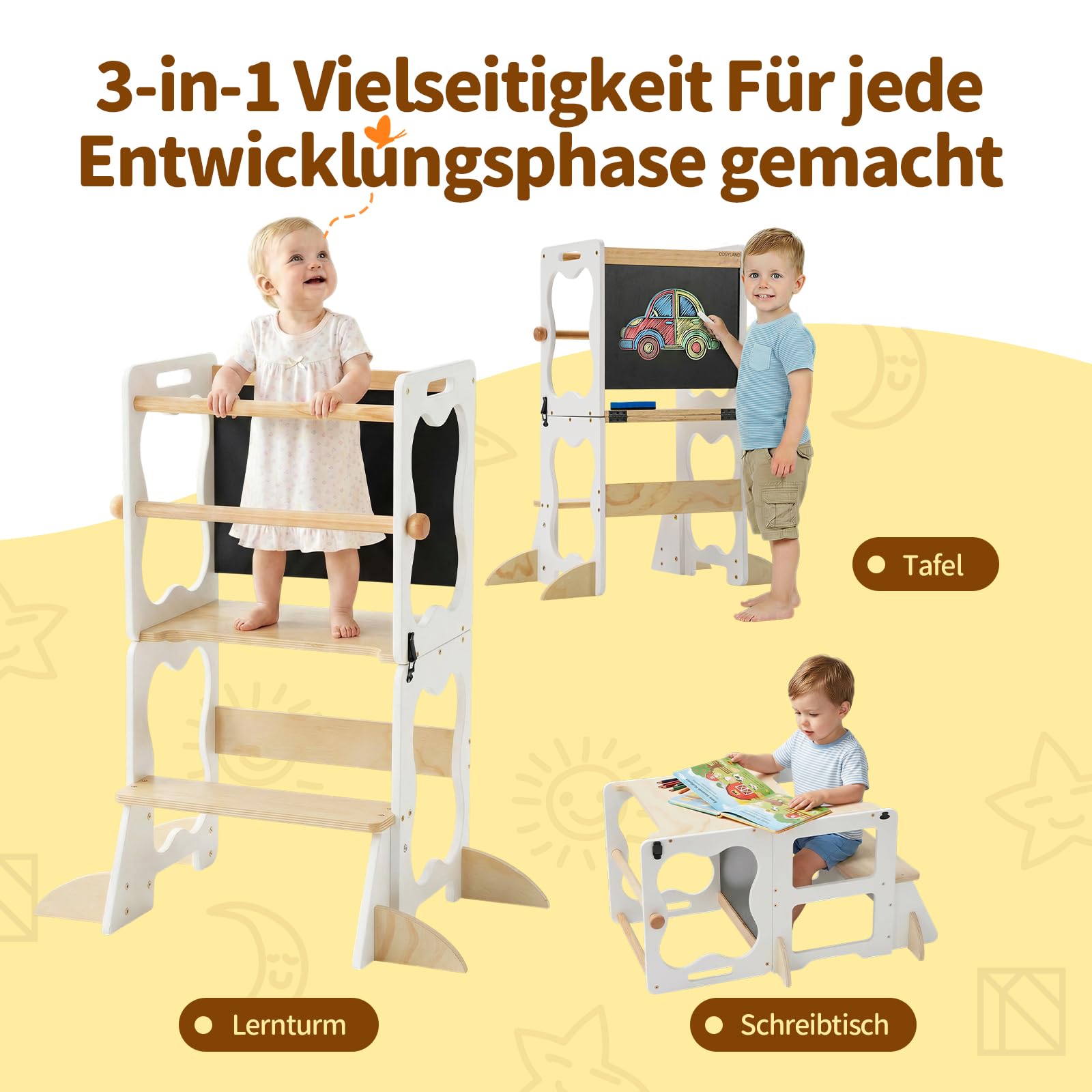 COSYLAND Lernturm Kinder 3in1 Küchenhelfer mit Tafel & Geländer Weiß | Wandelbar zu Tisch & Stuhl, ideal für Küche und Alltag. Stabil, sicher, pflegeleicht und perfekt für Ihr Kind.