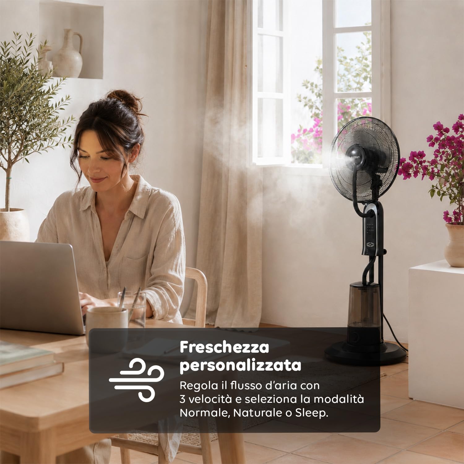 Wintem - Ventilatore a Piantana Silenzioso con Nebulizzatore e Telecomando – Serbatoio 3,2L, 8h Nebulizzazione – 3 Velocità, 3 Modalità Brezza, Oscillante, Timer 7,5h – 75W, Pale 40 cm