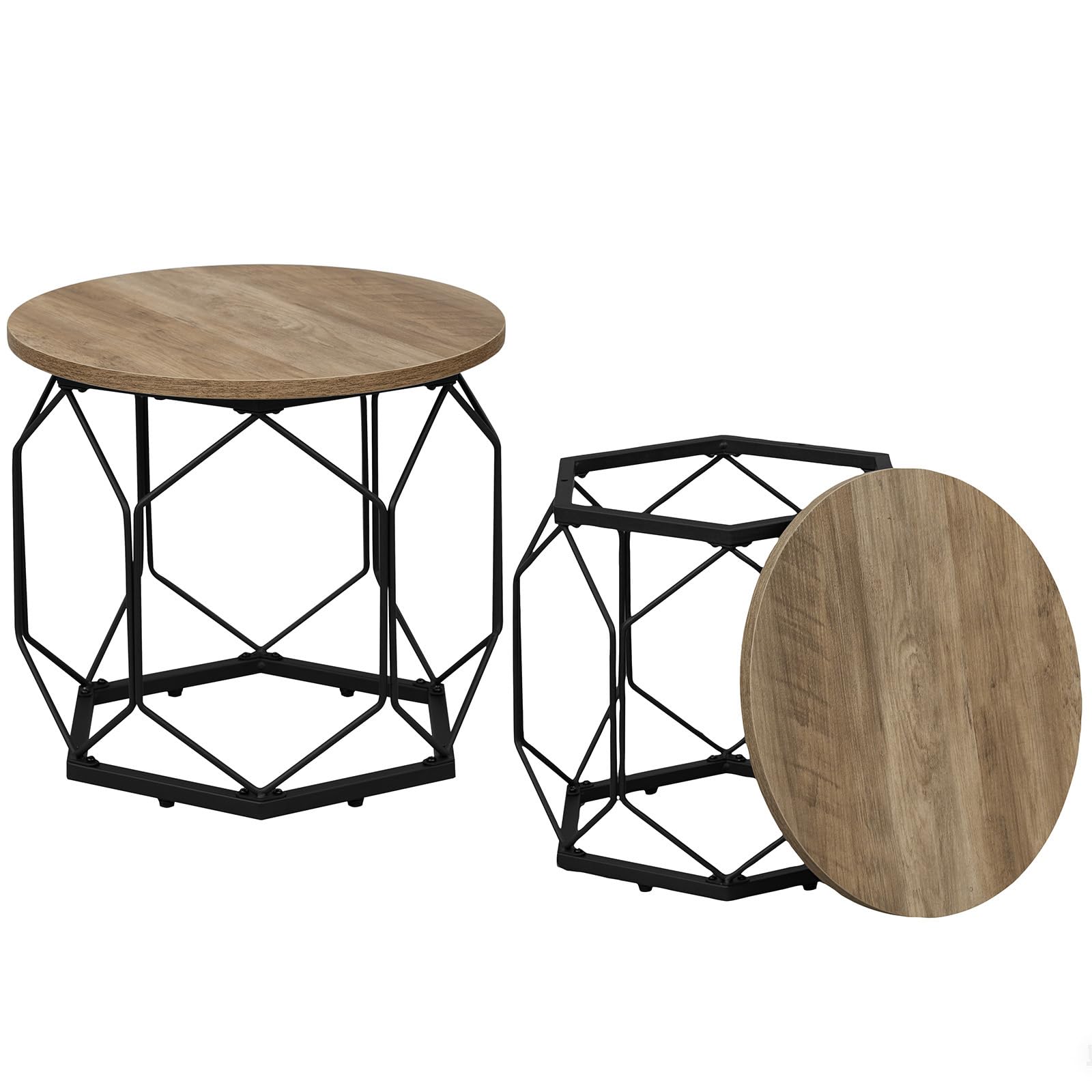 WOLTU Couchtisch 2er Set,Beistelltisch rund,hohlem Metallrahmen | Wohnzimmertisch mit Stauraum,Graue Holzoptik,einfache montage,bis 25 kg,für Wohnzimmer,Schlafzimmer ,Büro