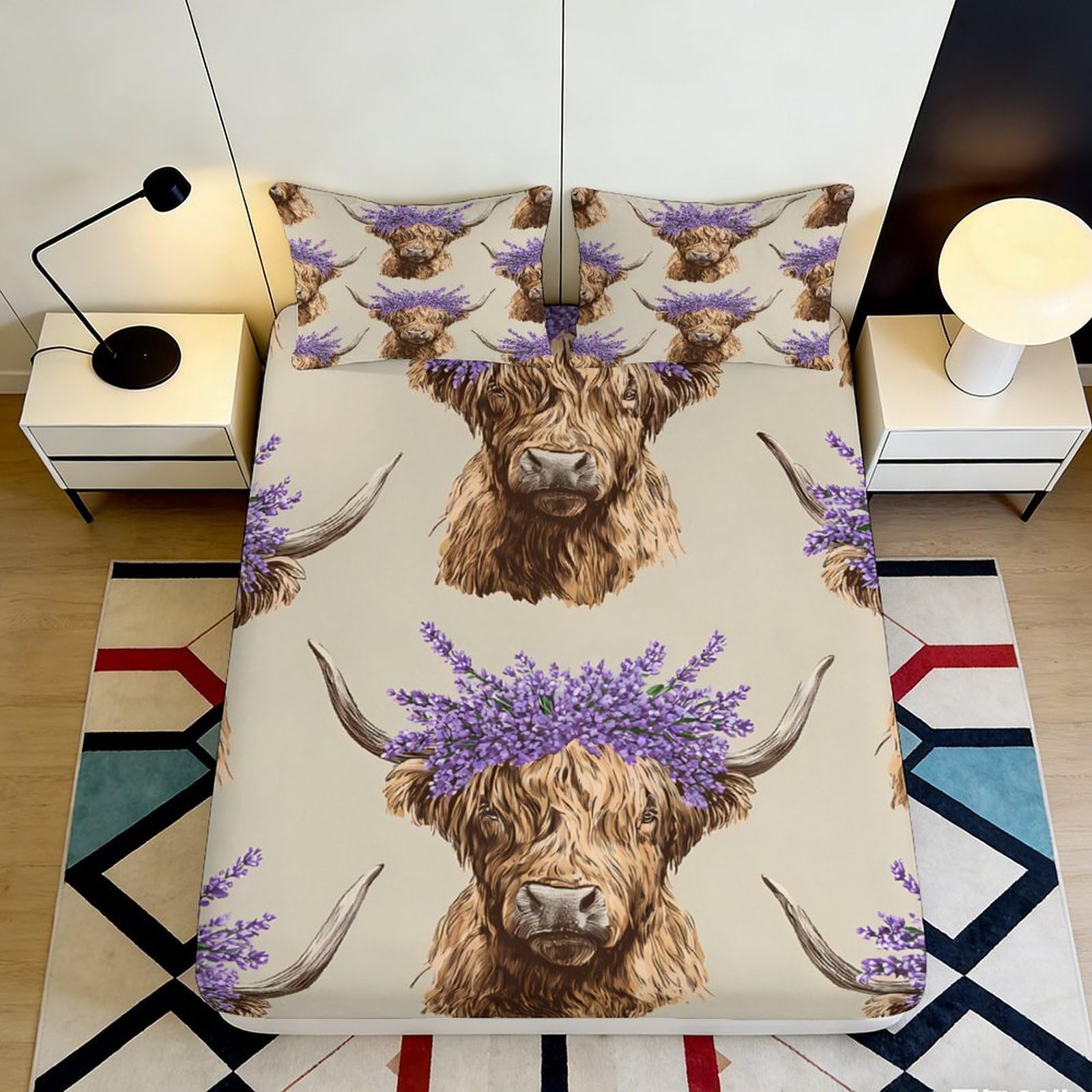 3D Printed Highland Cow Lavender Fitted Sheet Microfiber Beige Mattress Cover for Bedroom Dorm Mattress Protection Decor 120x200x25cm