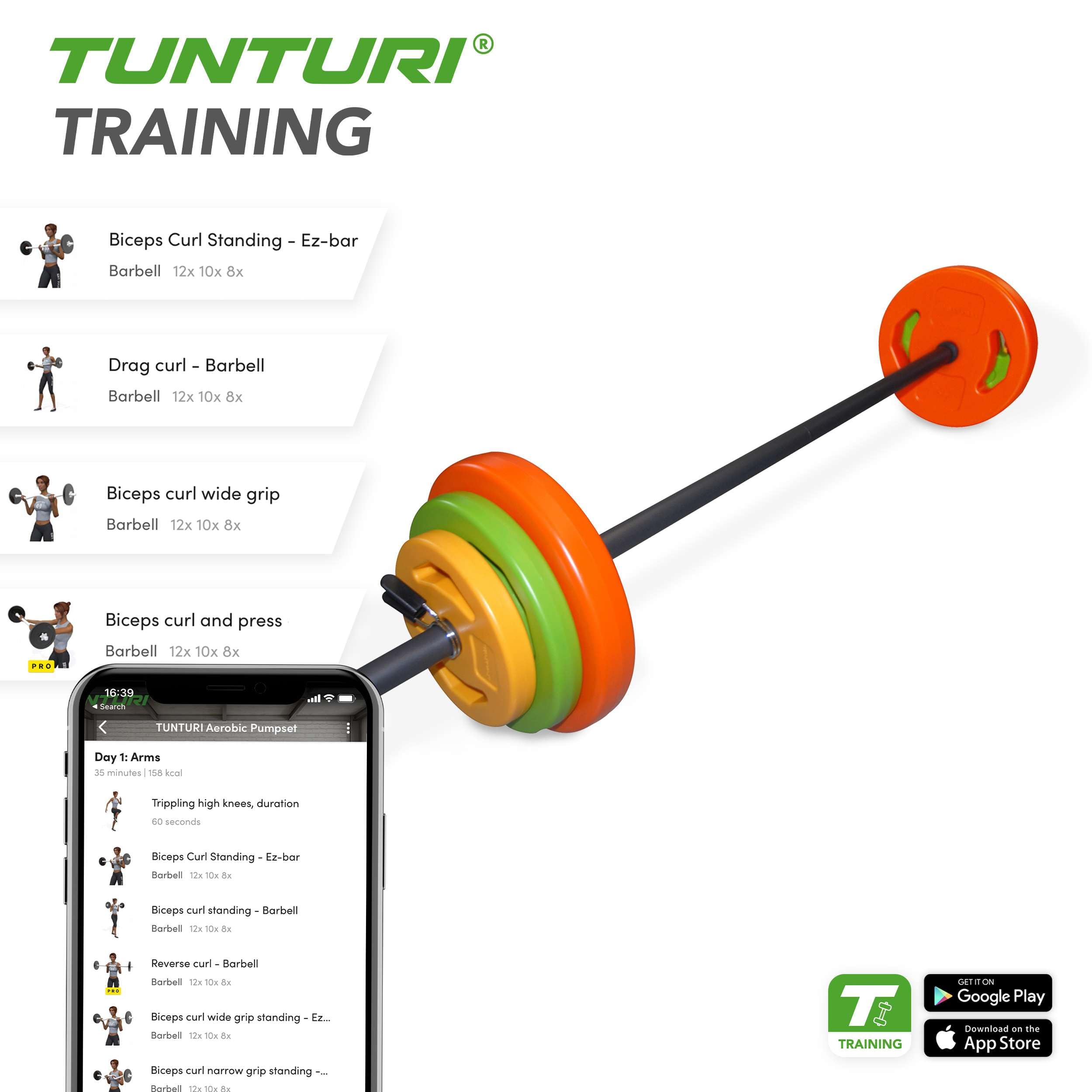 Tunturi 14TUSCL353 Pesi Palestra per Allenamento Aerobico - Dischi Palestra in Plastica - 1 Barra Componibile inclusa - 20 Kg, Unisex – Adulto, Orange, Green, Yellow, 20 kg