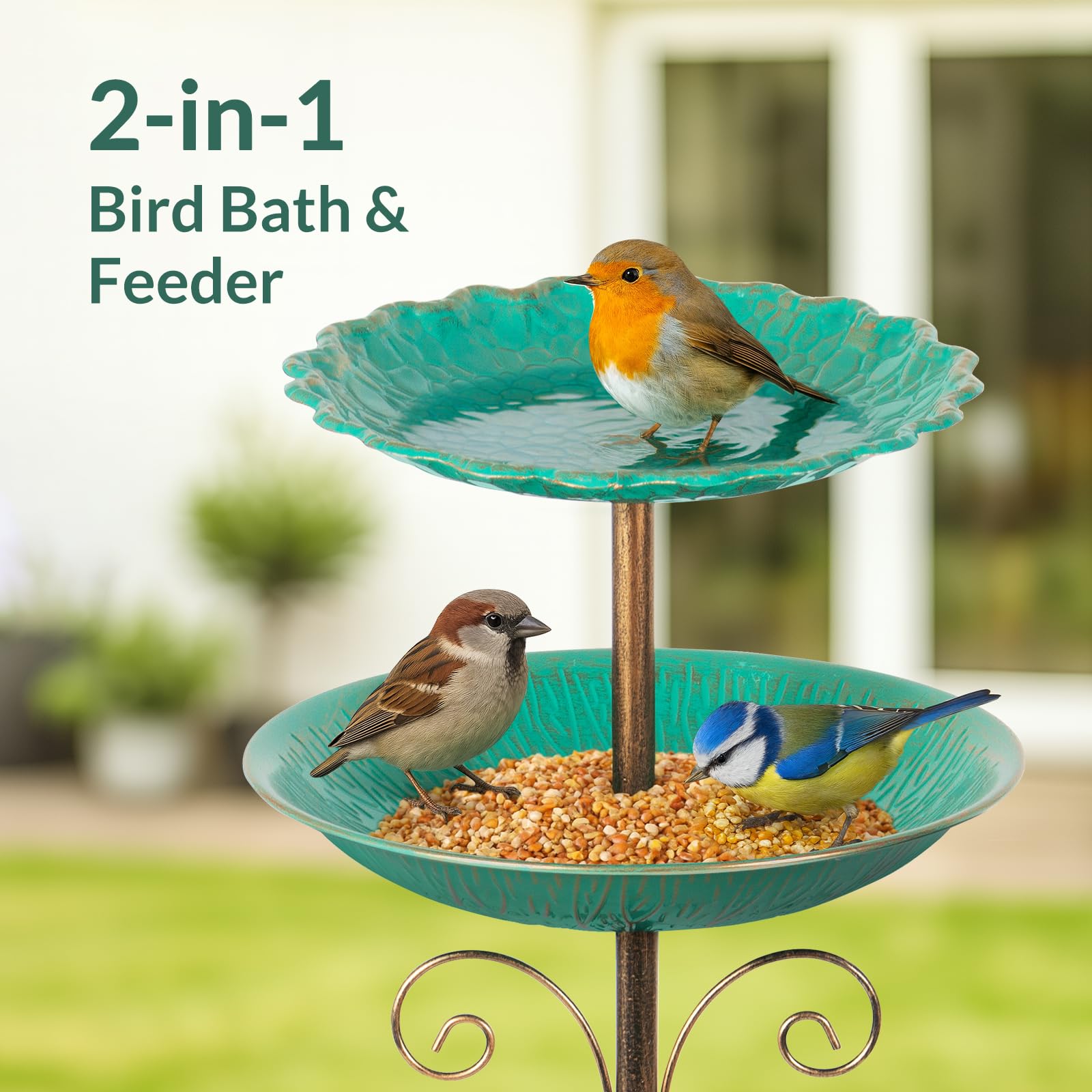 Todeco Bain d'oiseaux à Double Niveau, Mangeoire Abreuvoir 2 en 1 sur Pied | 2 Plateaux Polyvalents, Fonte Antirouille, Base à 5 Pointes, pour Jardin, Cour, Pelouse, Terrasse