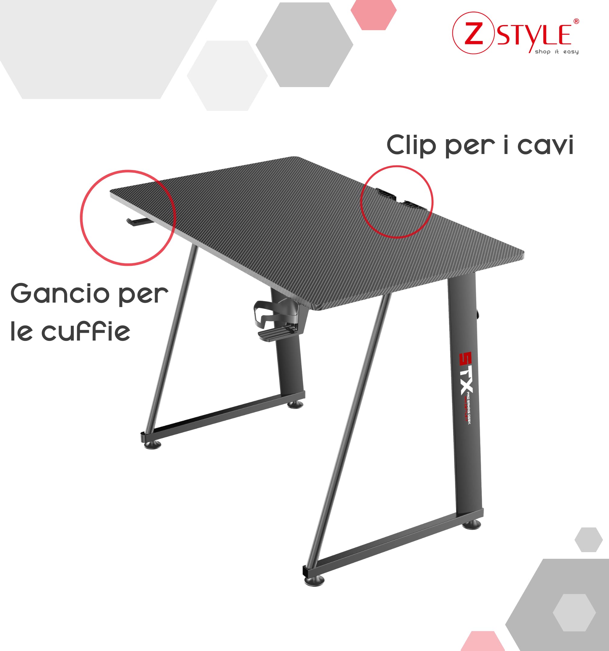 ZStyle Tavolo scrivania da Gaming Desk Postazione Computer Carbonio porta Cuffie Portabicchiere Laptop da Gioco Gestione Cavi Ergonomica Gamer (S)