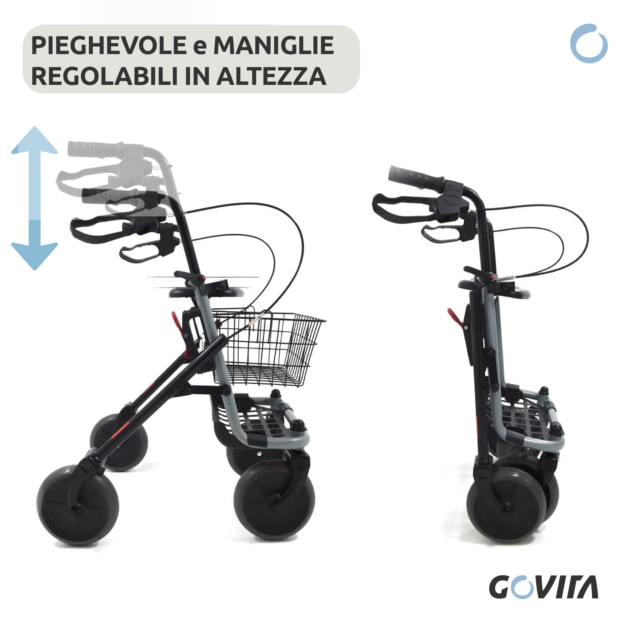 GOVITA - Deambulatore Pieghevole per Anziani con Seduta e Cestino – Rollator a 4 Ruote da Interno ed Esterno, Carrello Girello Regolabile con Freni e Portaoggetti