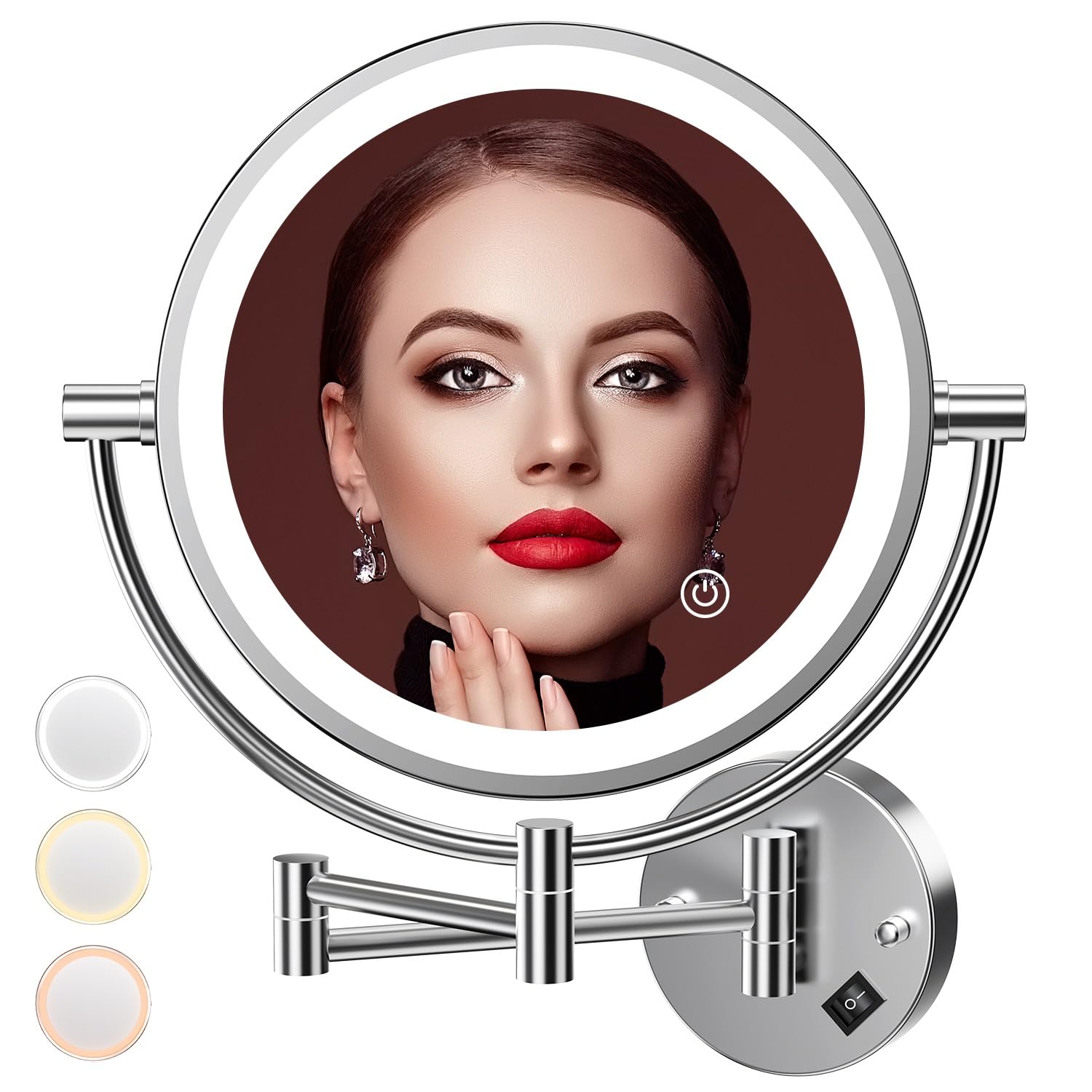 Auxmir Espejo Maquillaje con Luz Pared, Aumento 1X/10X Doble Cara Giratorio 360, Espejo Baño Extensible Táctil con Enchufe, 3 Colores Brillo Regulable, para Hotel, SPA, Plata