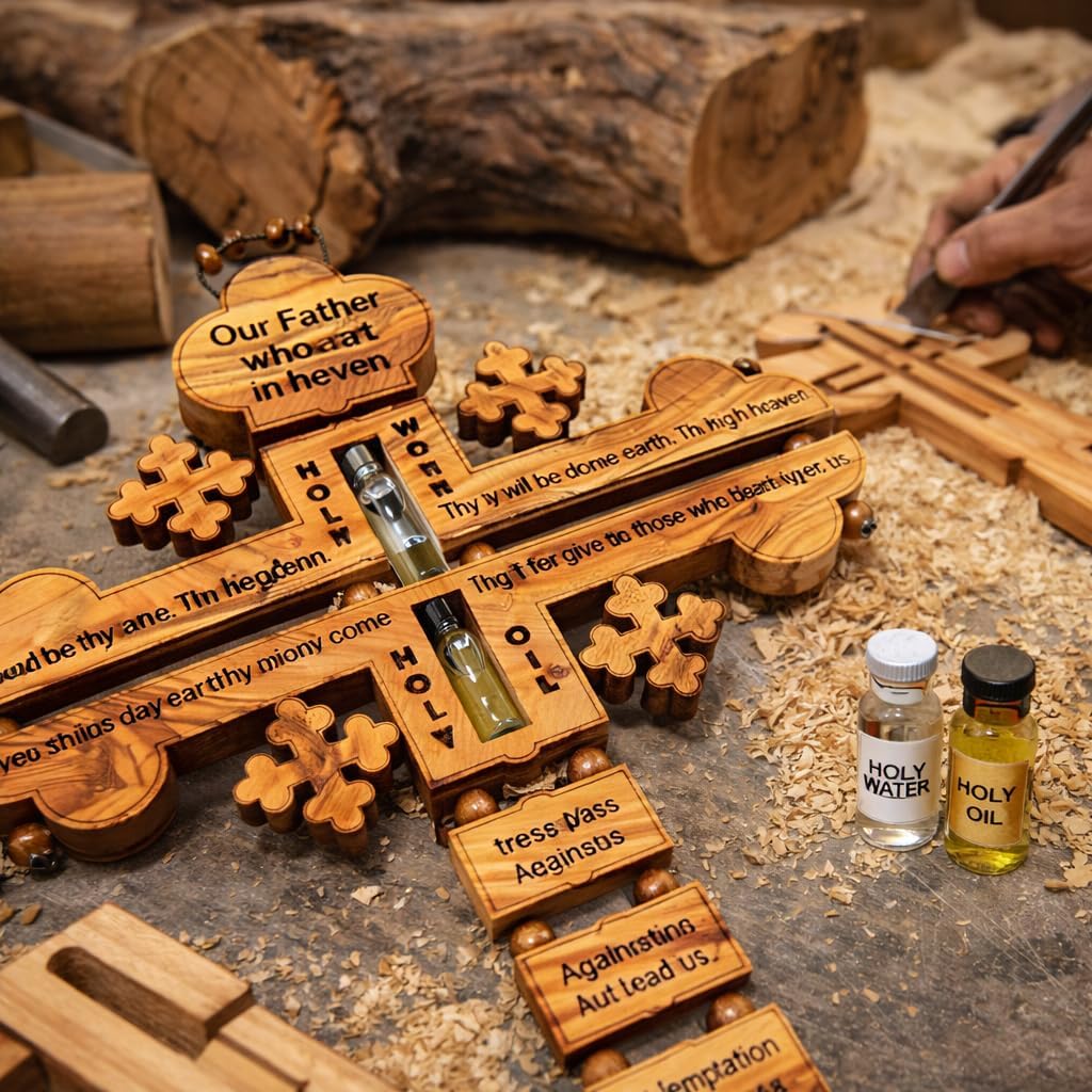 SAINT MICHAEL OLIVE WOOD FROM BETHLEHEM The Lord Prayer Our Father Prayer Wooden Wall Cross - Wall Hanging Religious Décor with The Lord's Prayer Cross, with Holy Water, Holy Oil
