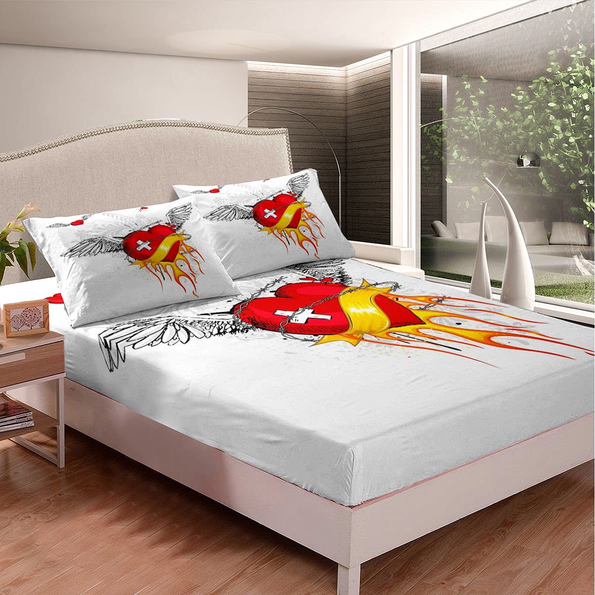 Juego de Cama con Forma de corazón para niñas y niños y niñas y niños con Forma de corazón Volador, sábana Bajera de Personalidad, Juego de sábanas de Cama de Color Blanco, tamaño King 3 Unidades