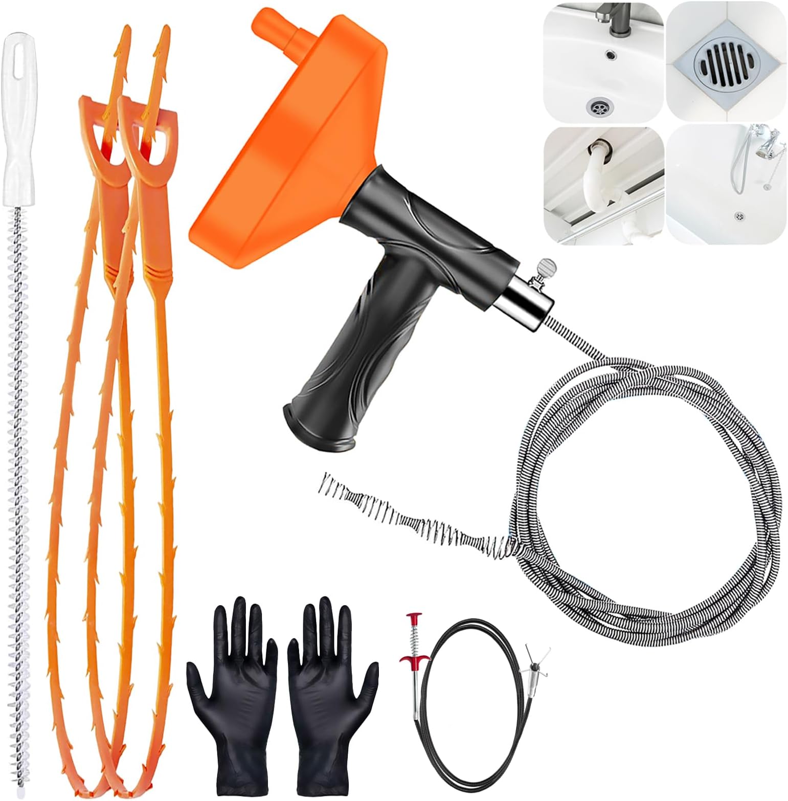 Drain Snake Auger（33 Feet）, Plumbing Snake Drain Hair Clog Removal Tool, Heavy Duty Toilet Snake Auger, Sink Unclogger Drain Cleaner Tool for Bathroom Kitchen Tub Shower Drain Clog Remover with Gloves