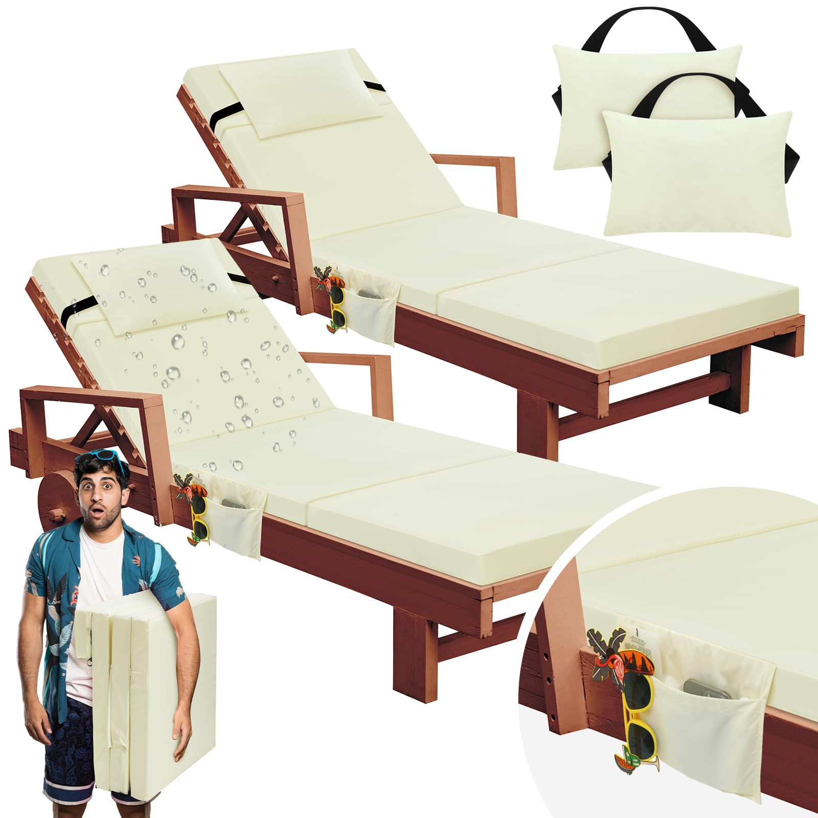 Bucherry 2 Pcs Chaise Lounge Cushions Outdoor with Headrest and Storage 72 x 21 x 3 Inch Waterproof Chair Cushions Fade Resistant Patio Replacement Cushion Outdoor Furniture Pool(Beige)-image-43
