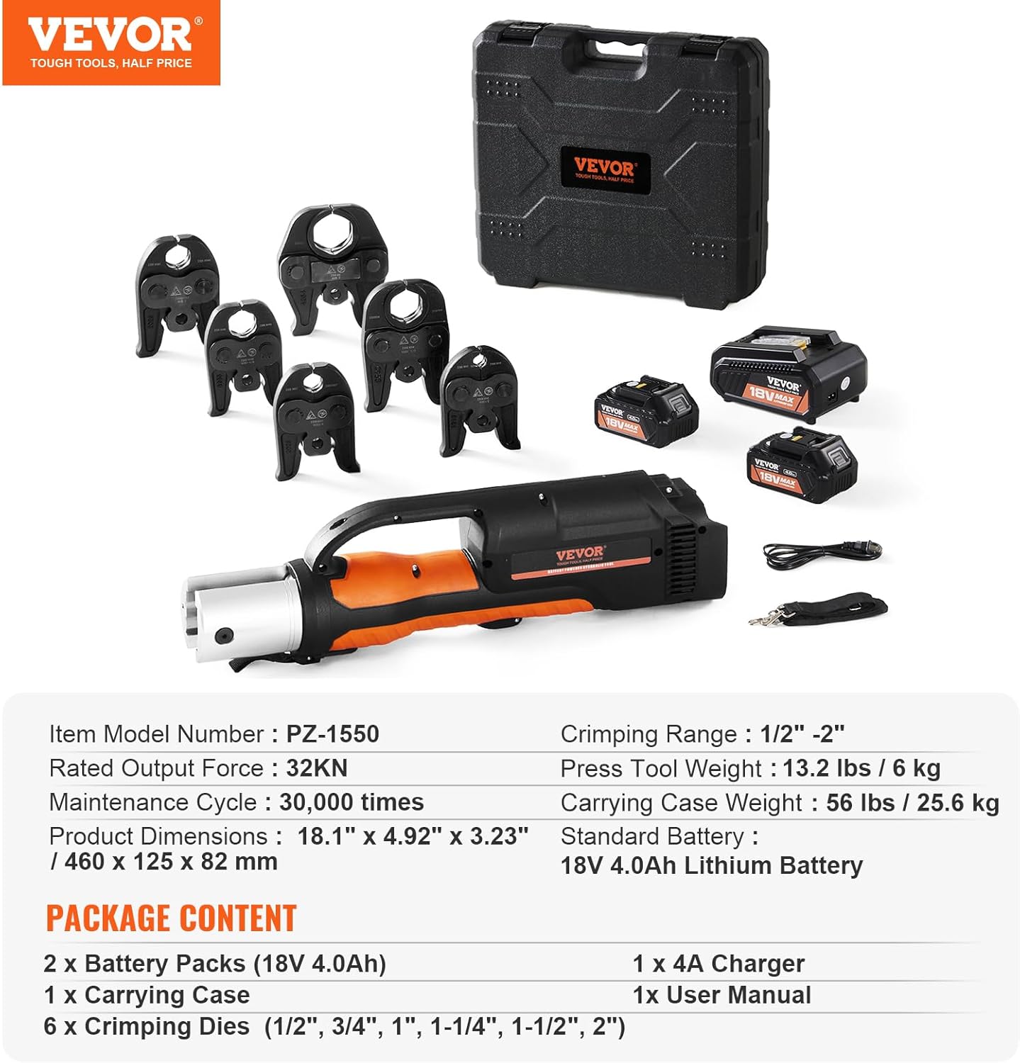 VEVOR Pro Press Tool, 18V Electric Pipe Crimping Tool for 1/2" to 2" Copper Pipes, Press Tool Kit with 6 Pro Press Jaws, 2pcs 4AH Battery, Fast Charger & Carrying Case
