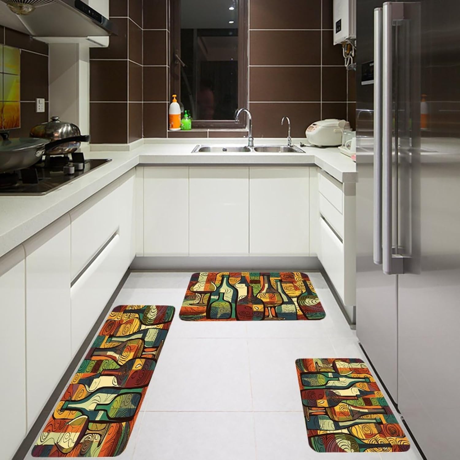 Wine Bottle Art Kitchen Rugs Sets of 3 Non Slip Kitchen Mats for Floor Farmhouse Kitchen Sink Mat Thick Comfort Standing Mat for Laundry Room Hallway Bathroom