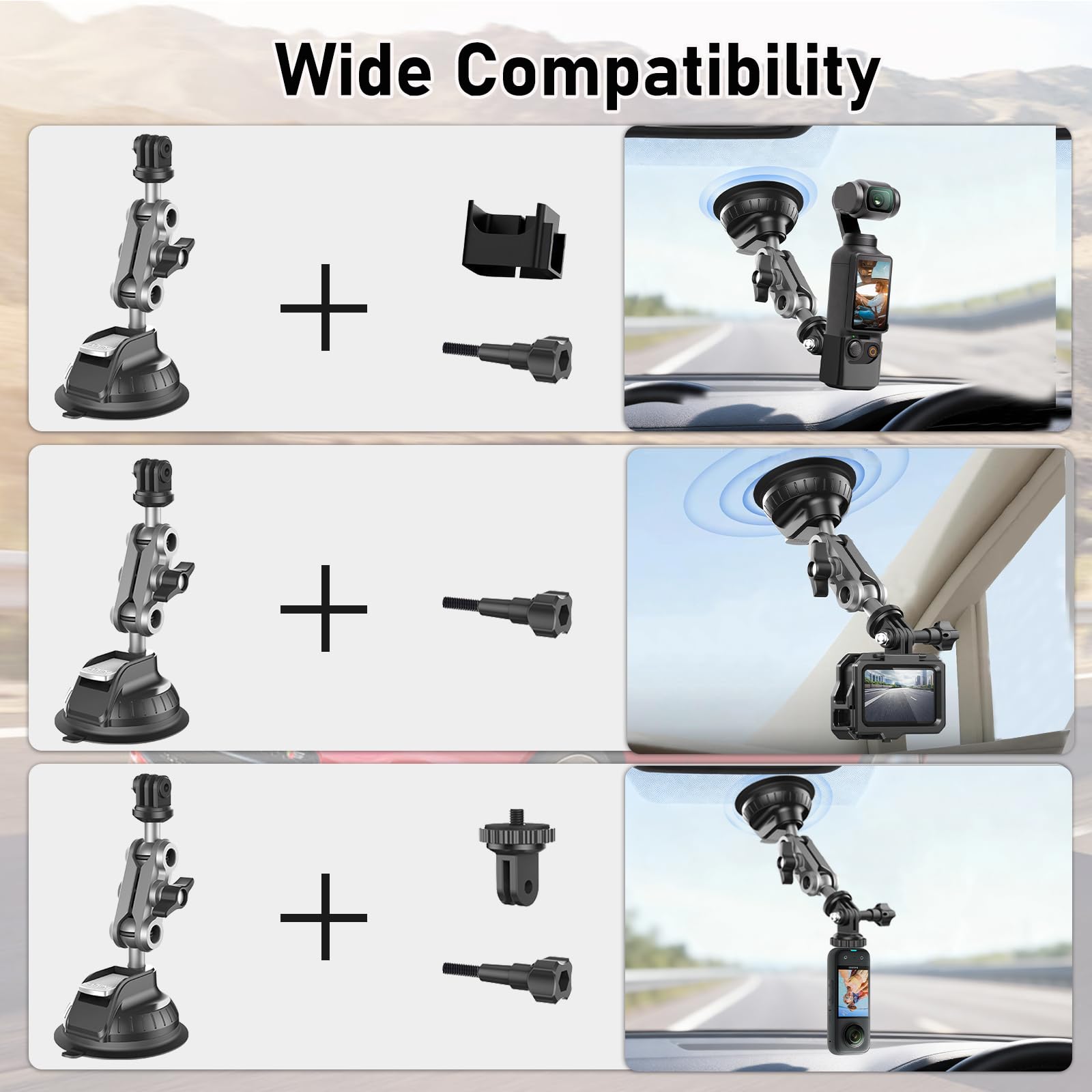 Wiseten Suction Cup Mount - Soporte de Ventosa para dji Osmo Pocket 4 3 Action 5 Pro 4 con Ventosa para Insta360 X5 X4 GoPro Hero 13 12, Montaje en Parabrisas o Ventana del Coche