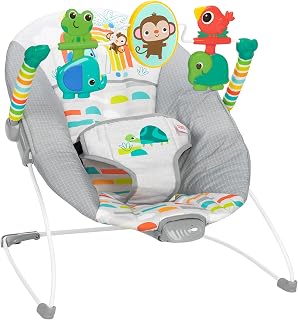 Bright Starts Playful Paradise Vibrating Baby Bouncer Seat with Toys & Mirror - Soothing Vibes, 0-6 Months Unisex